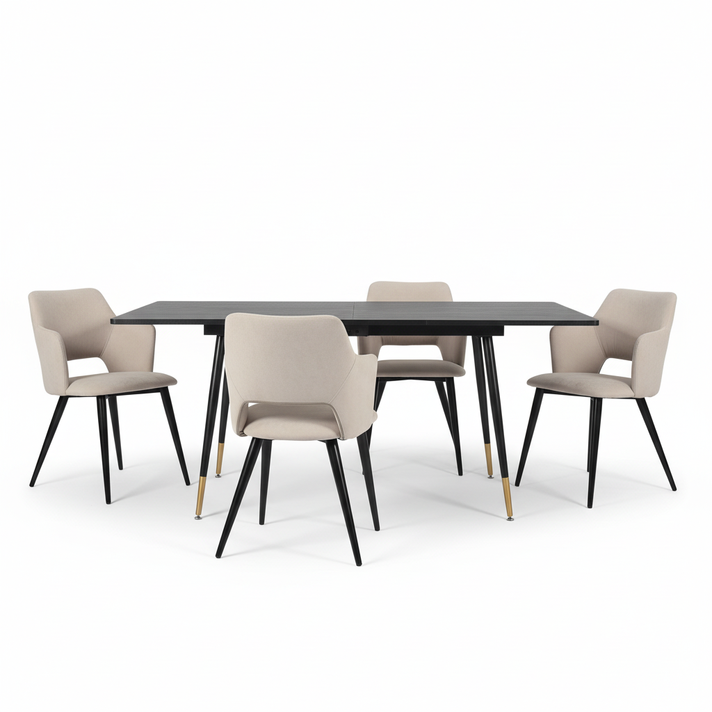 Ensemble de salle à manger comprenant une table extensible et 4 fauteuils avec accoudoirs en tissu beige