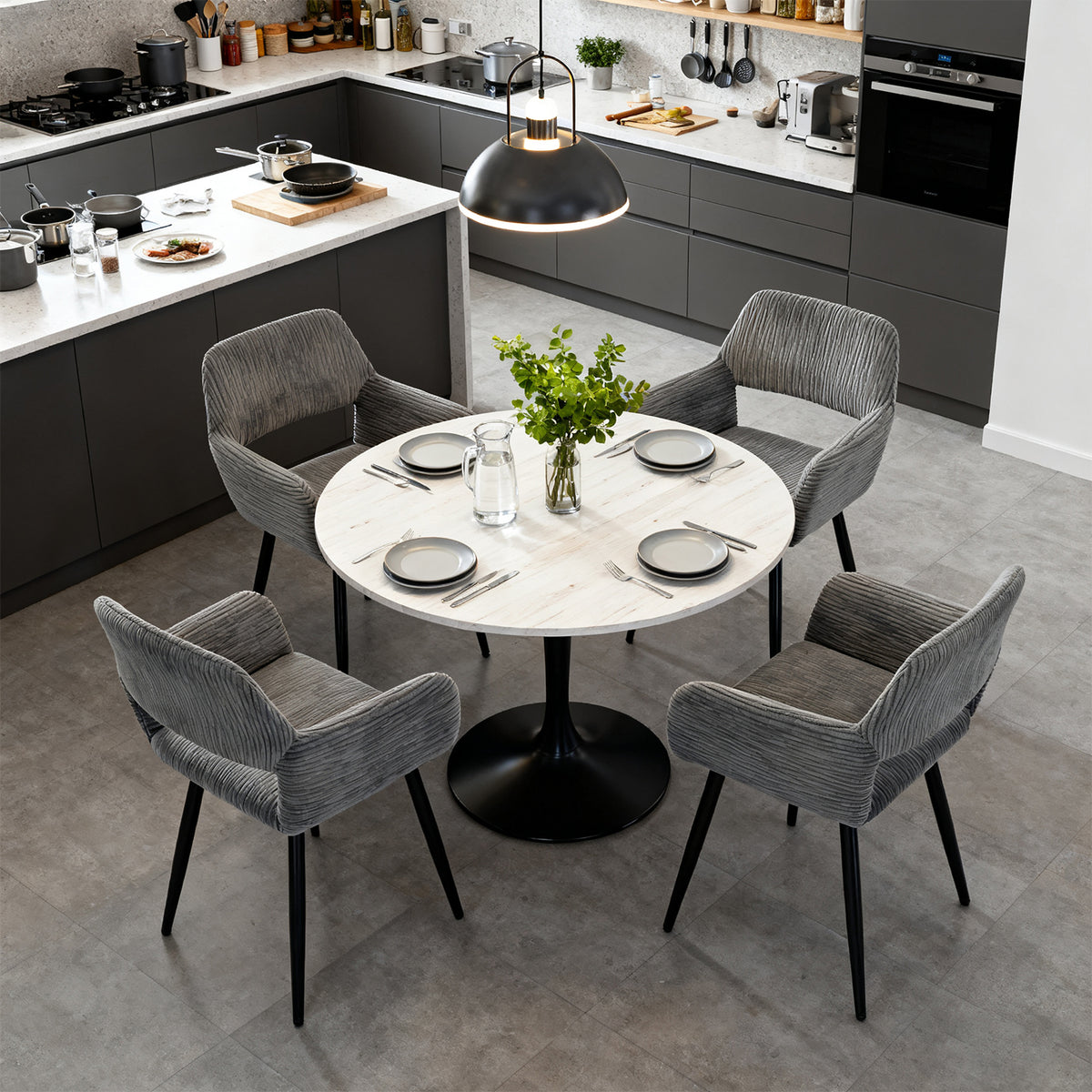 Lot de 4 fauteuils de salle à manger scandinaves avec accoudoirs en velours côtelé gris - CROMWELL CORDUROY
