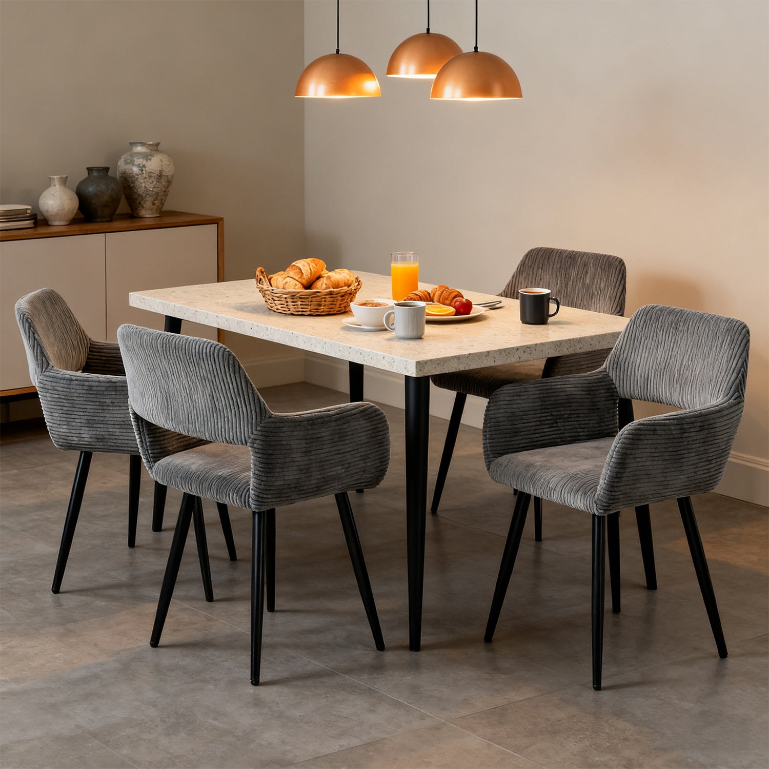 Lot de 4 fauteuils de salle à manger scandinaves avec accoudoirs en velours côtelé gris - CROMWELL CORDUROY
