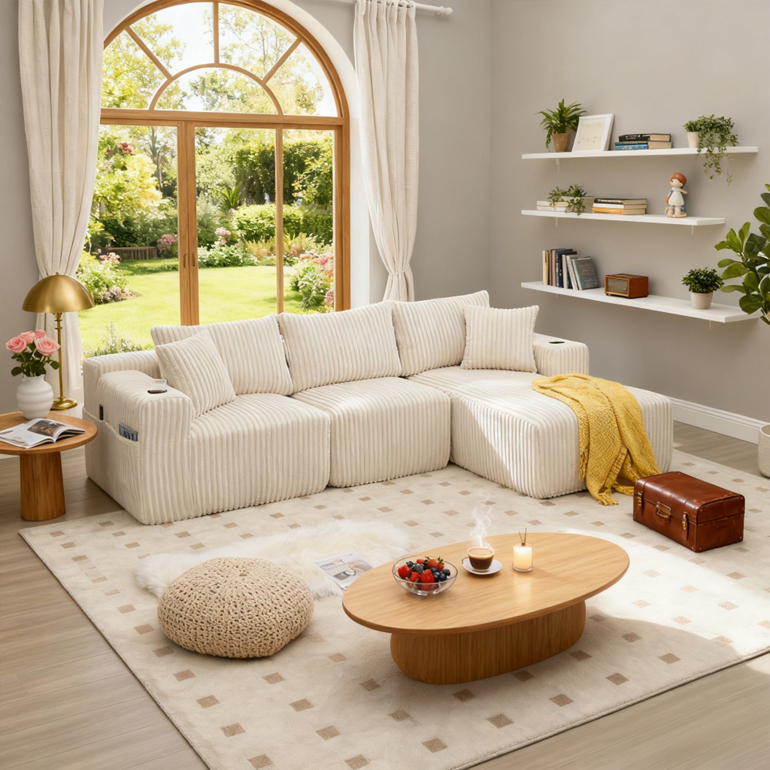 2-seater sofa bed in dark gray fabric with side pockets, modern convertible sofa