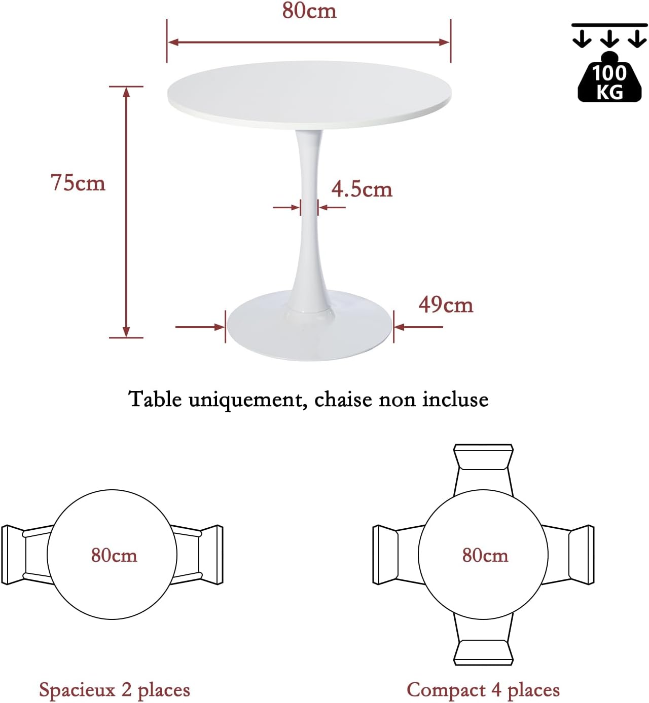 Table salle à manger ronde scandinave 2-4 personnes en bois et métal blanc - CLIFT