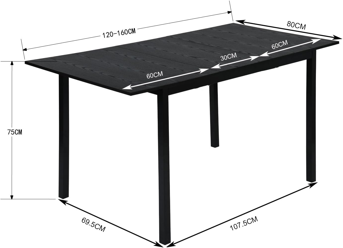 Table de salle à manger extensible industrielle pour 4 à 6 personnes en bois MDF noir - BARI