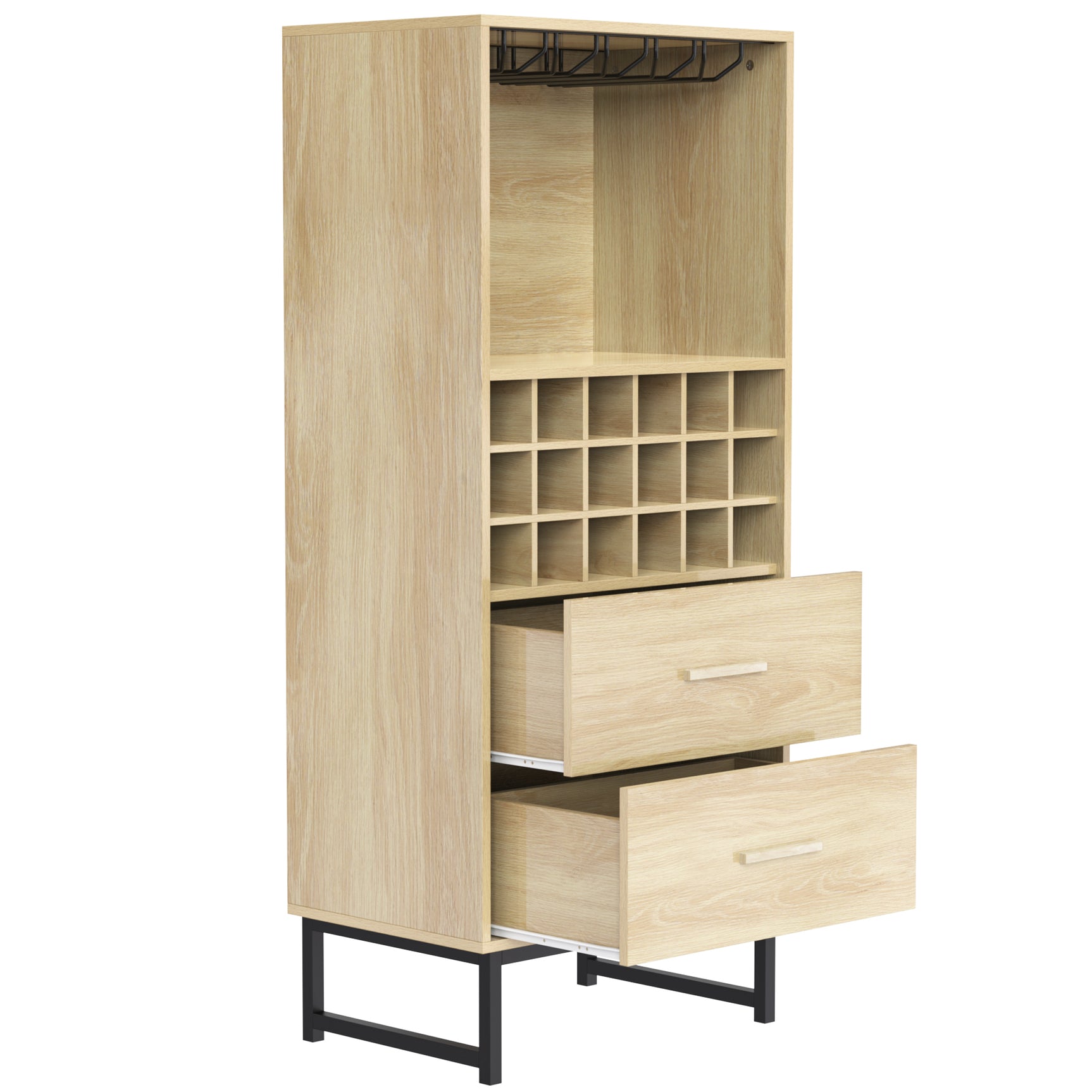 Buffet alto de madera con 18 compartimentos, 2 cajones integrados y soportes de vidrio