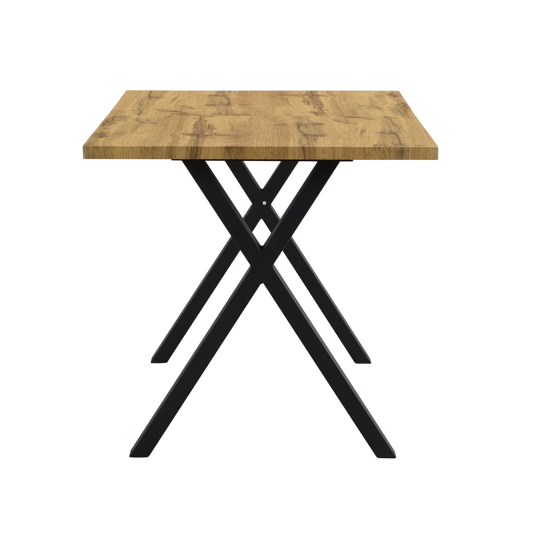 Modern industrial dining table 140x80 cm in oak effect with crossed feet in black metal