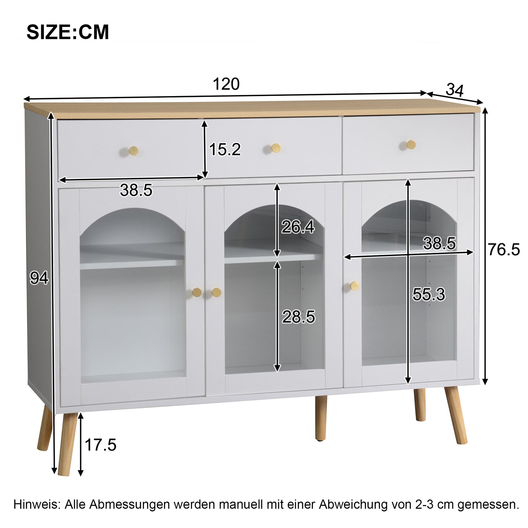 Buffet de madera blanca y natural con 3 cajones y puerta de 3 fondos en vidrio templado, gran espacio de almacenamiento elegante