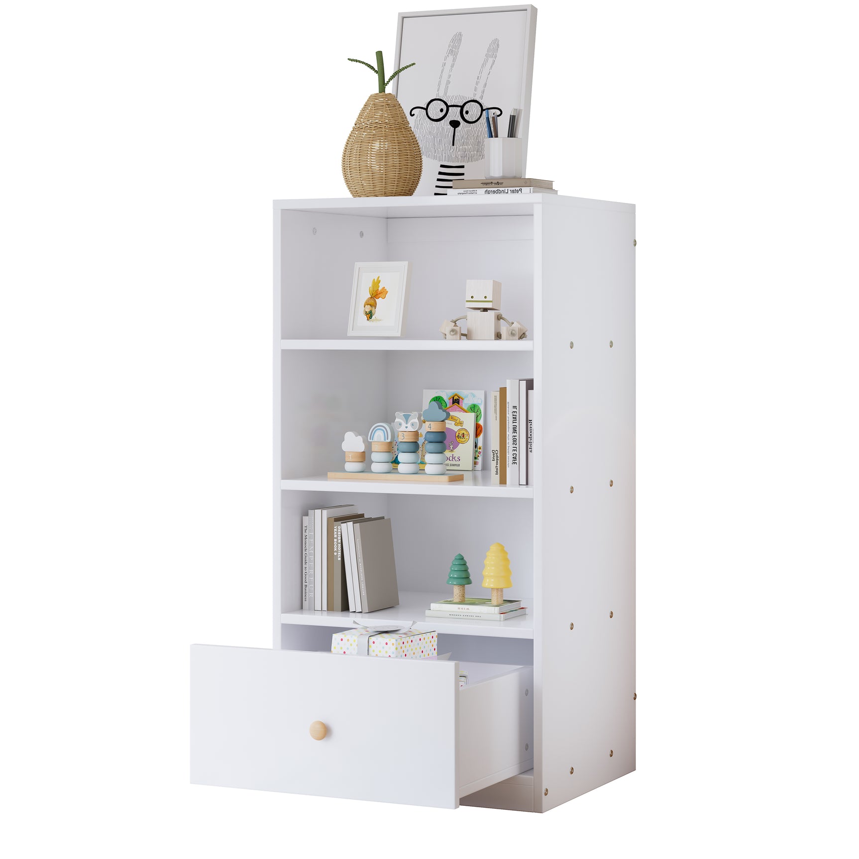 Bibliothèque blanche moderne avec 3 étagères et 1 tiroir au design minimaliste et rangement pratique