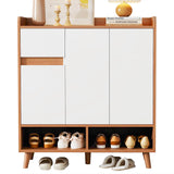 Commode / buffet / meuble à chaussures blanc et bois 90x35x99 cm avec étagères réglables et pieds en bois massif