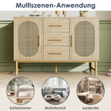 Eichen-Caning-Buffet mit 3 Schubladen, 2 Türen, einstellbaren Regalen und Anti-Breeching-Geräte-120 × 40 × 74 cm