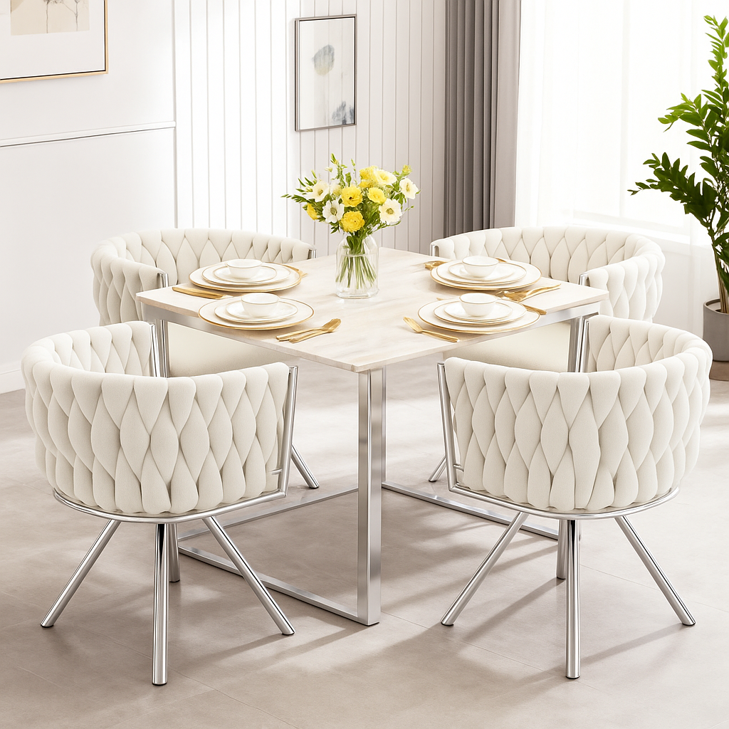 Set aus 4 Esszimmerstühlen im Industriestil mit geflochtener Rückenlehne aus beigem Stoff – MILIANA