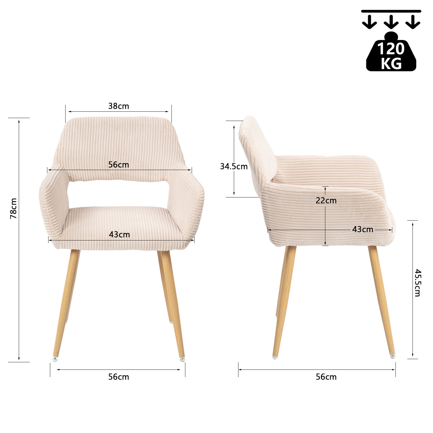 Lot de 4 fauteuils de salle à manger scandinaves avec accoudoirs en velours côtelé beige - CROMWELL CORDUROY