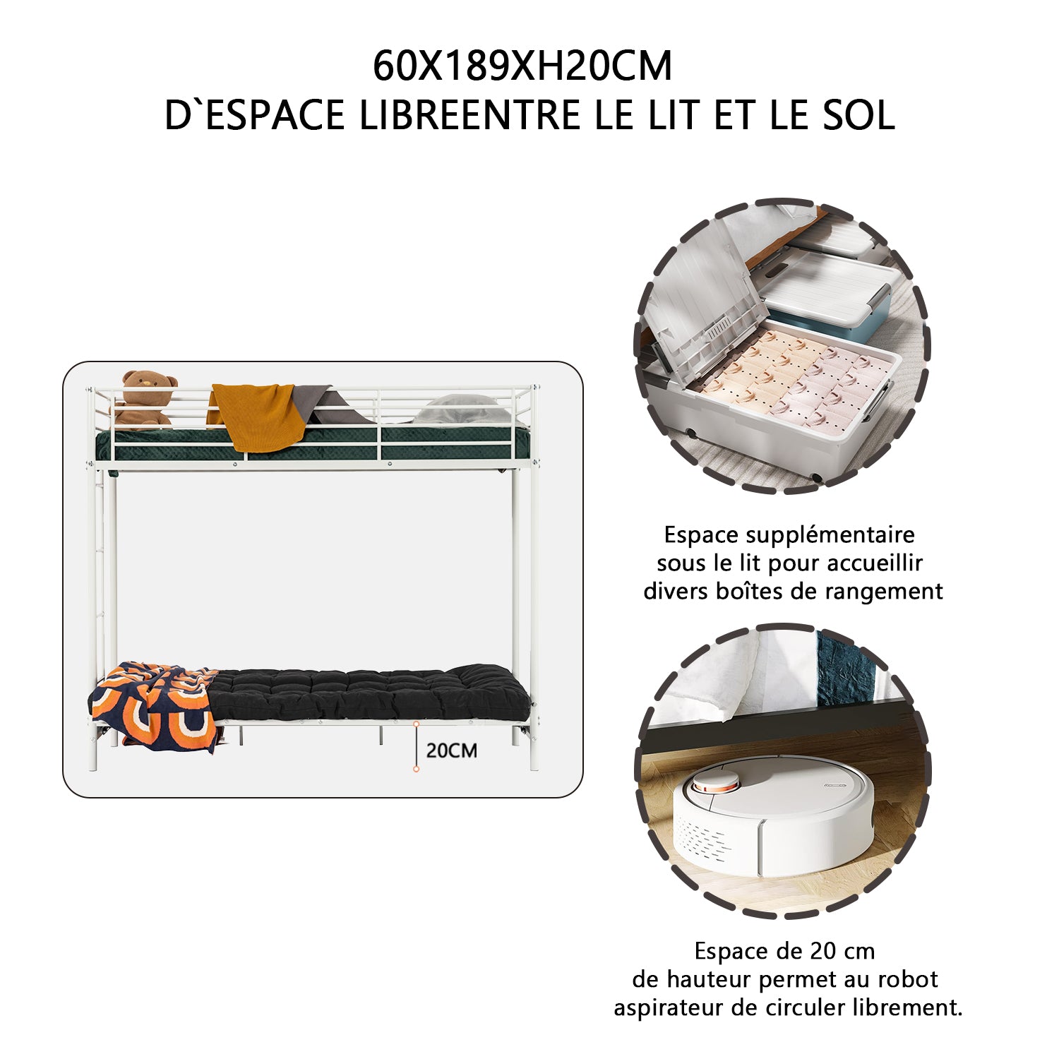 Etagenbett 90x190 cm mit Cabrio -Bank -Sofa und Weißmetallbasis in Weißmetall (Matratze nicht enthalten) - Liberty