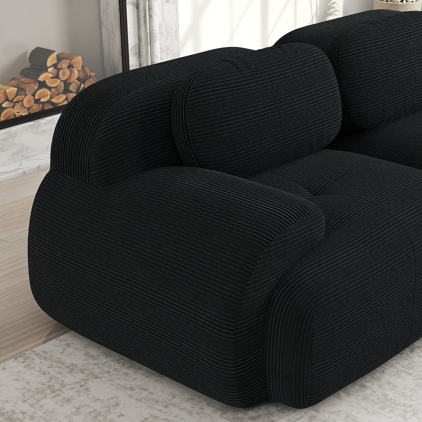 Ensemble de canapés avec accoudoirs incurvés et base antidérapante en tissu velours côtelé doux pour le salon, noir, siège 2 + tabouret 1