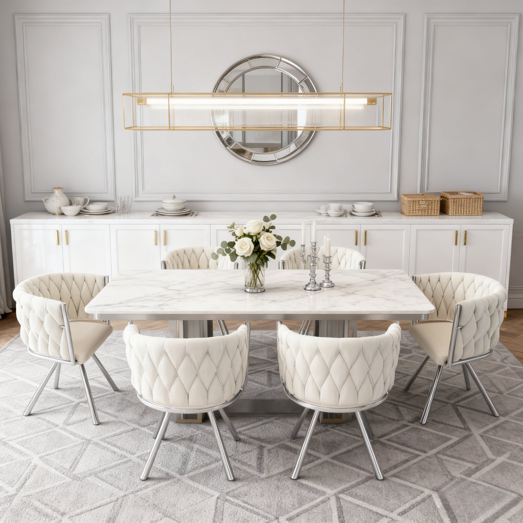 Set aus 4 Esszimmerstühlen im Industriestil mit geflochtener Rückenlehne aus beigem Stoff – MILIANA