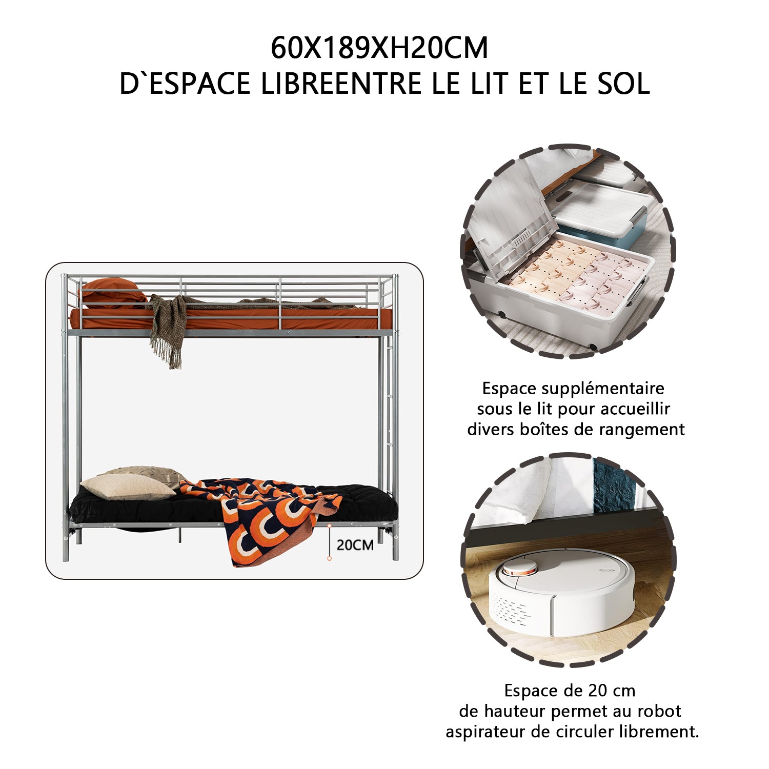 Bunk bed 90x190cm with convertible bench sofa and silver metal slats (mattress not included) - Liberty