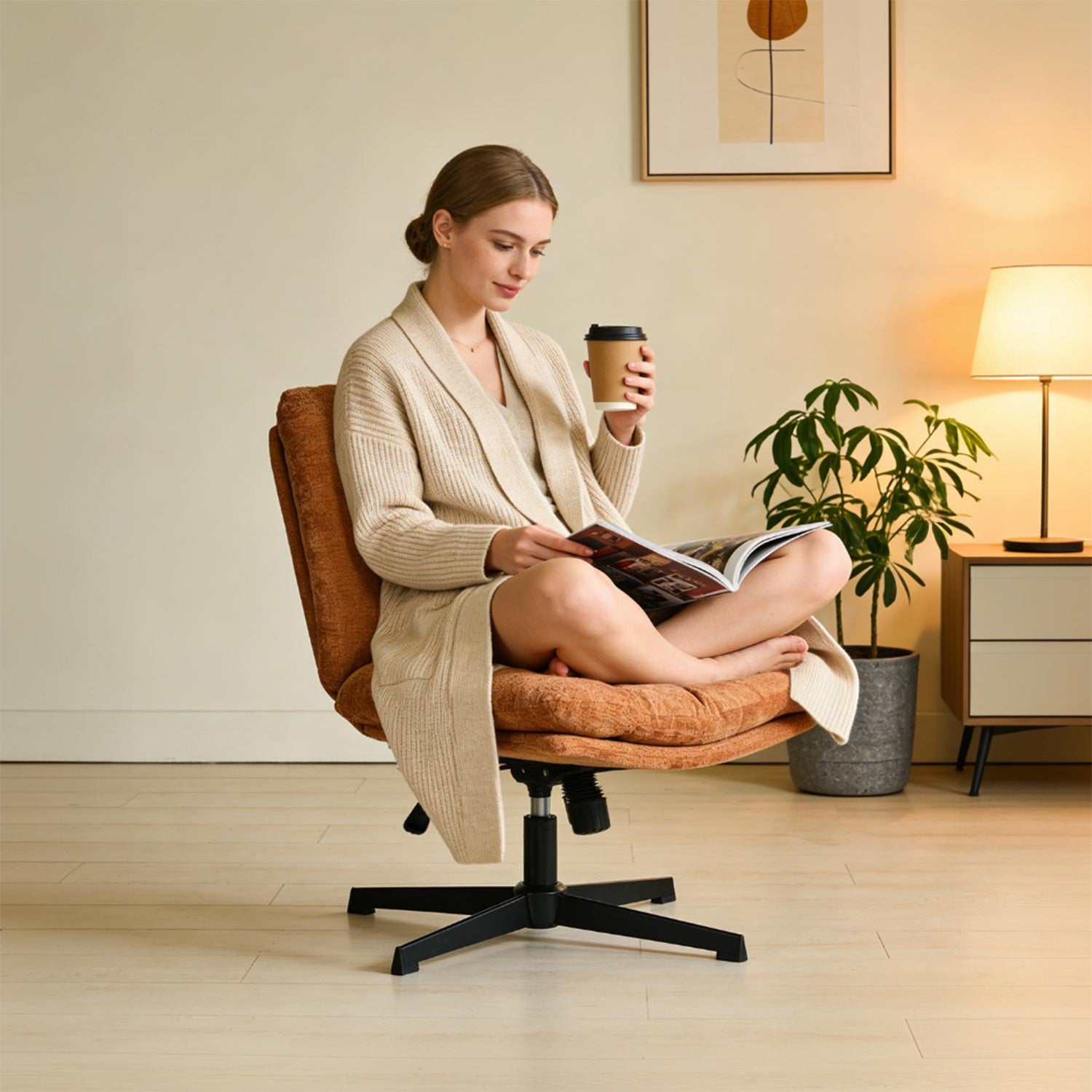 Drehbarer, verstellbarer Freizeitsessel mit Armlehnen aus beigem Cord – DUROTHIL