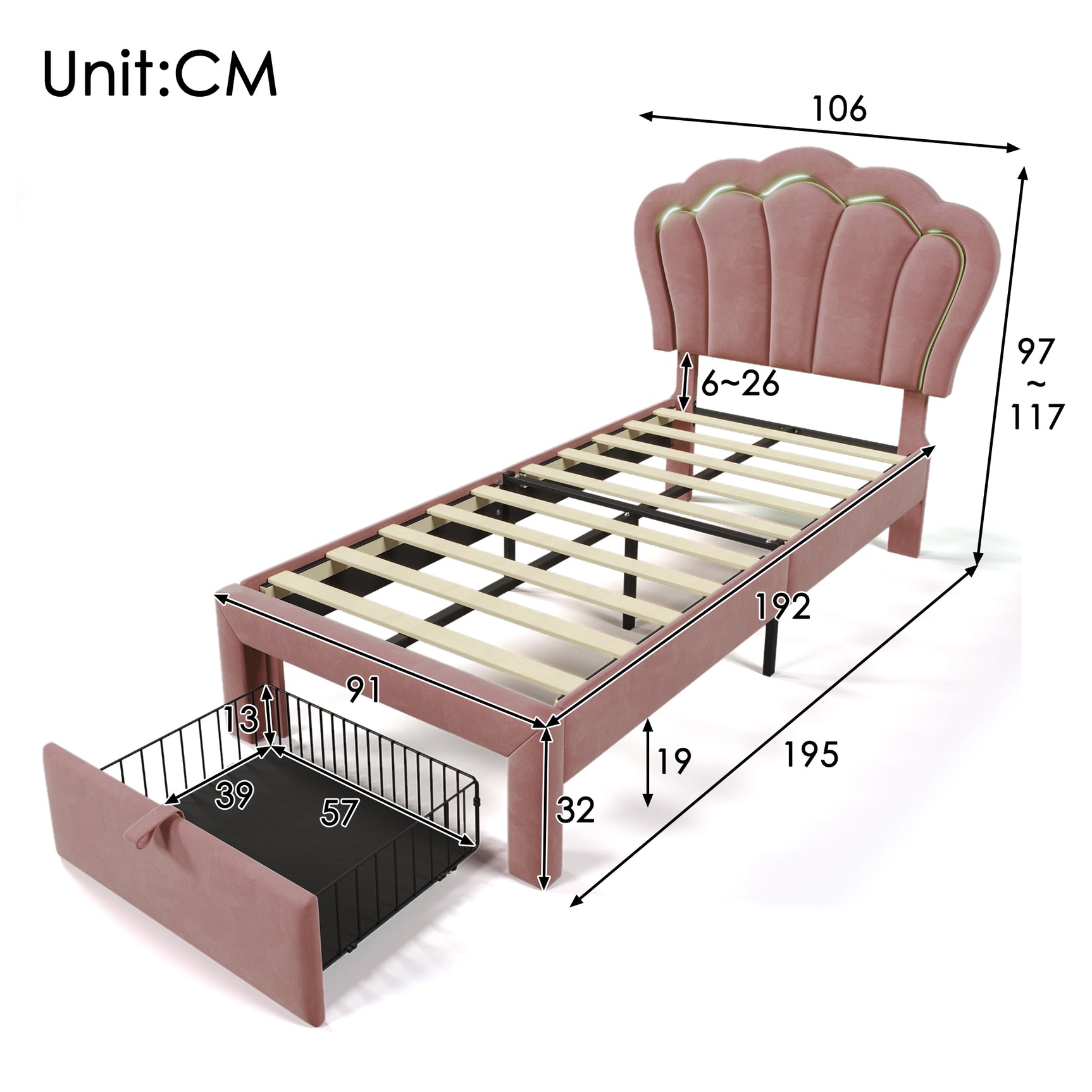 Lit enfant rembourré 90×190 cm avec LED et tiroir, velours rose (sans matelas)