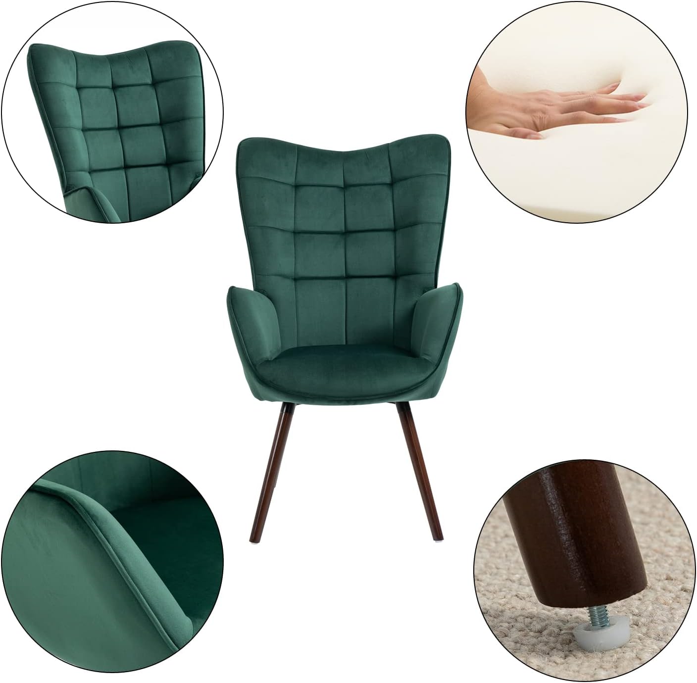 Sillón escandinavo con reposabrazos de terciopelo verde con costuras - Funkel