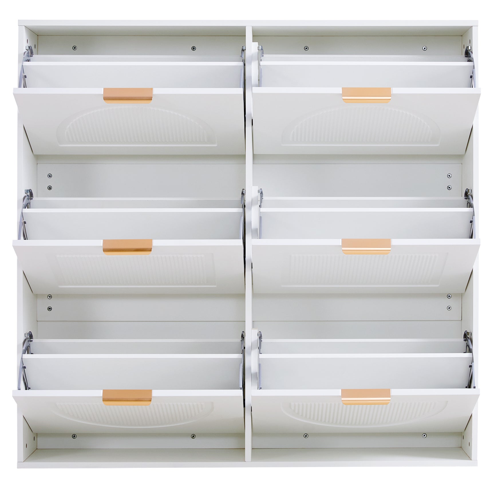 Meuble à chaussures moderne avec 6 abattants et étagères ouvertes, blanc – L118 x H115 x P25 cm