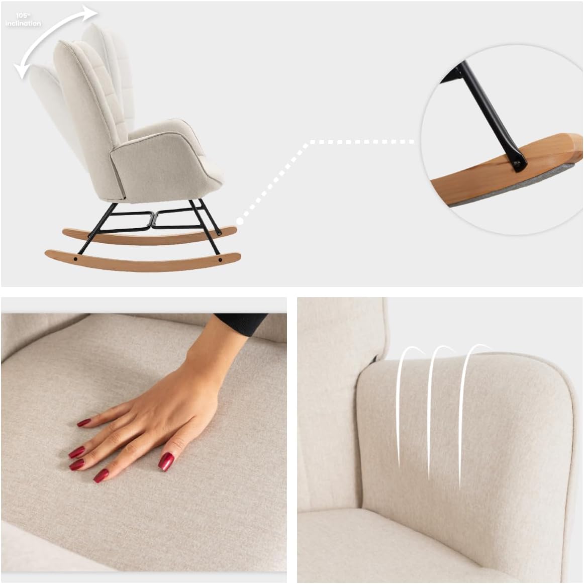 Fauteuil à bascule allaitement scandinave avec accoudoirs en tissu beige à surpiqûres - FUNKEL