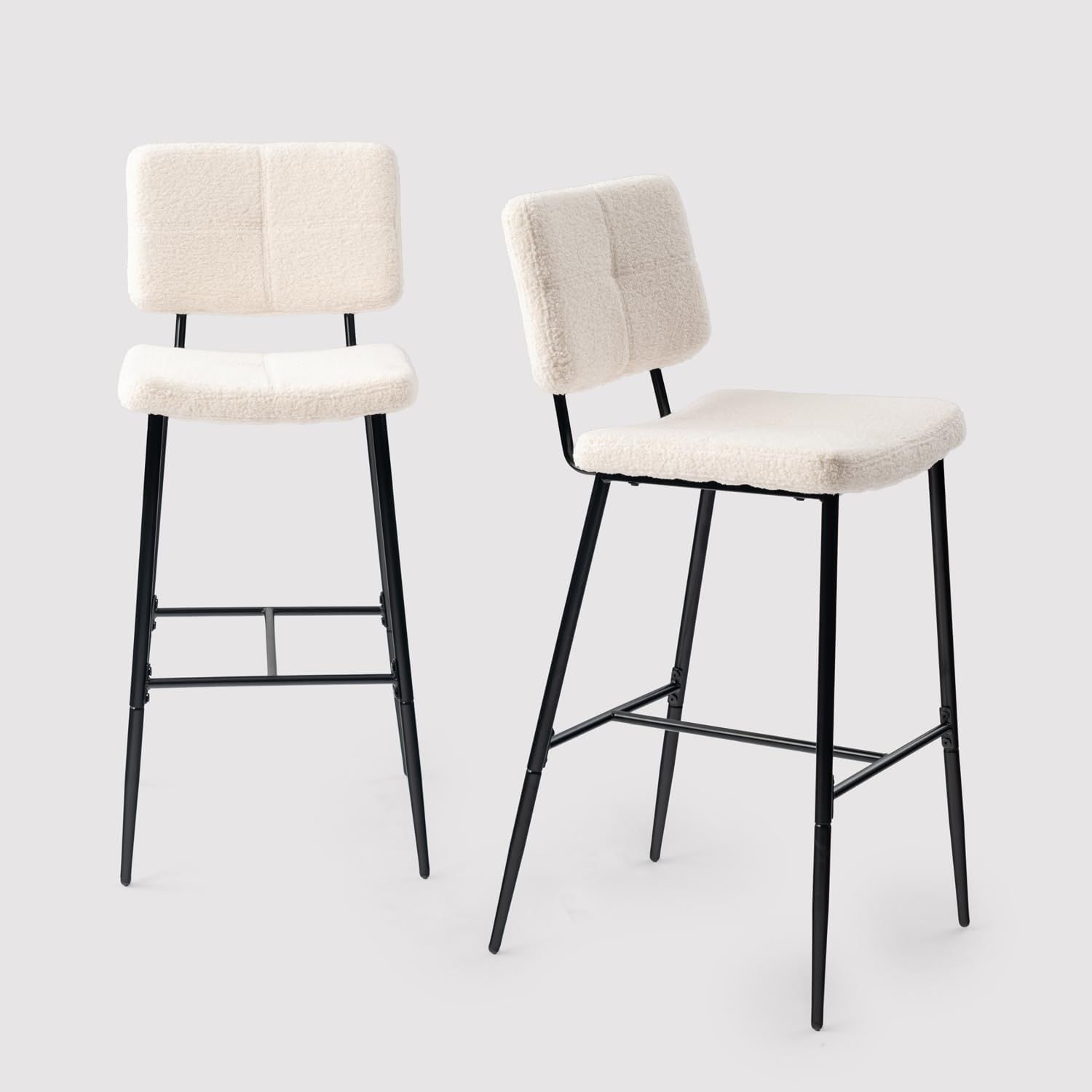 Set of 2 Scandinavian bar stools with back in beige dumpling sheepskin fabric - POMONA BAR