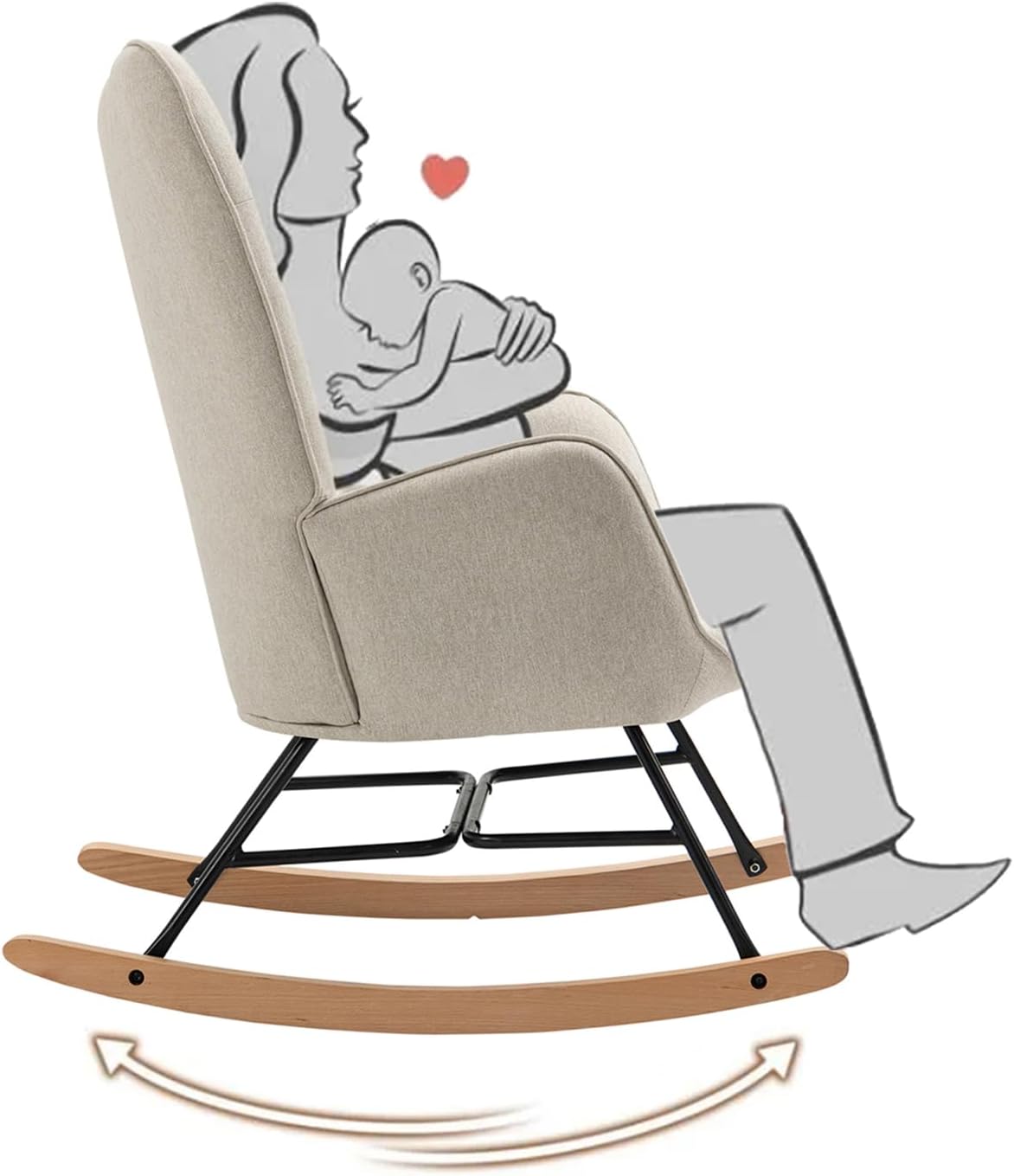 Fauteuil à bascule allaitement scandinave avec accoudoirs en tissu beige à surpiqûres - FUNKEL