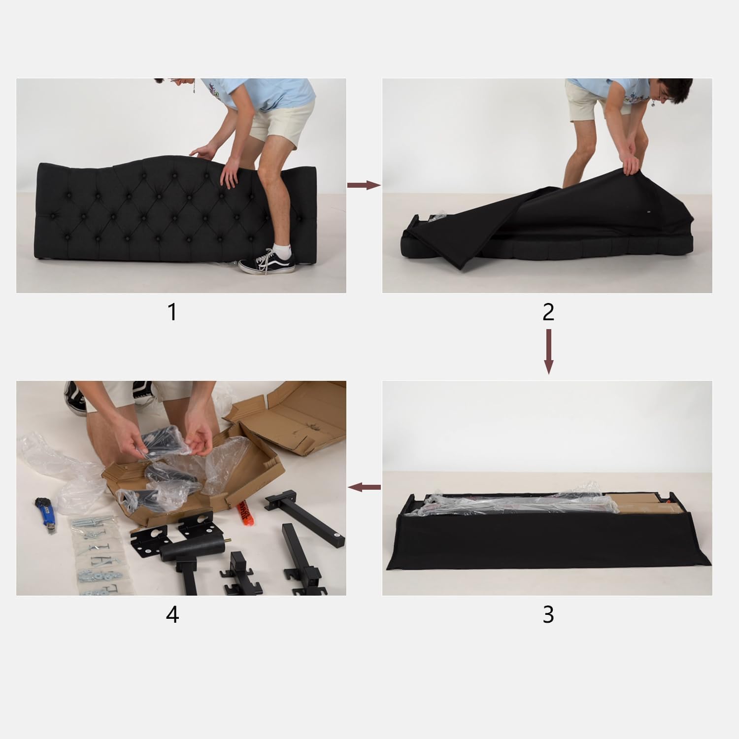 Lit double (160 x 200cm) avec tête de lit capitonnée en tissu gris (matelas non inclus) - LEON