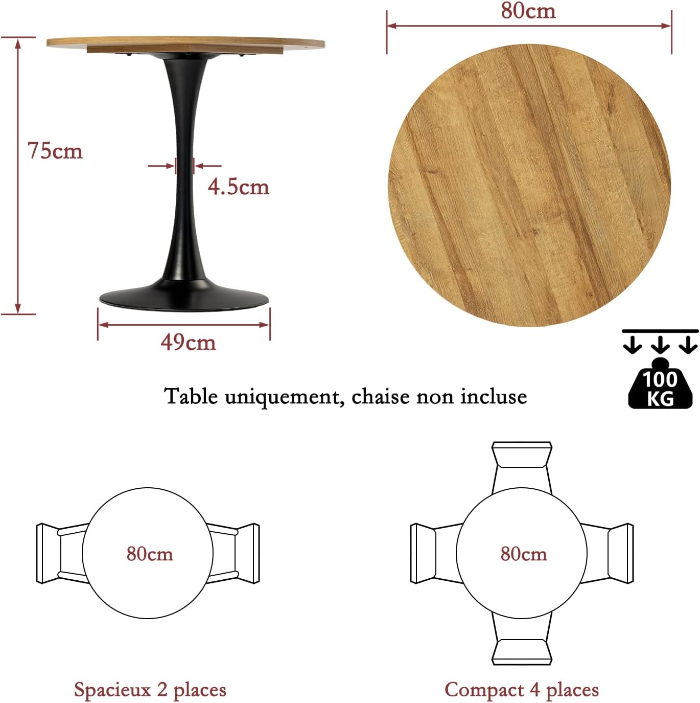 Table salle à manger ronde vintage 2-4 personnes en chêne et métal noir - CLIFT