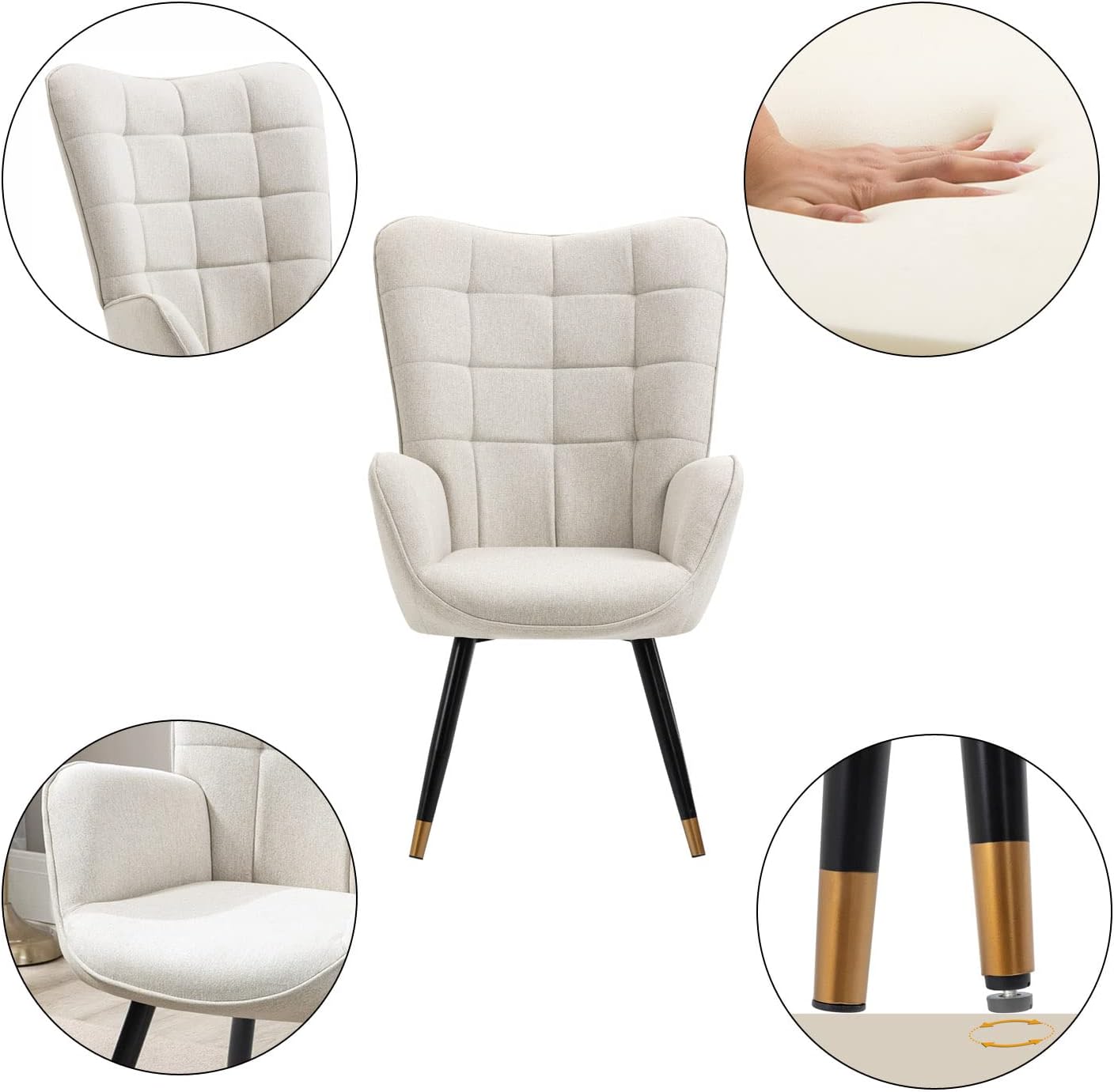 Fauteuil scandinave avec accoudoirs en tissu beige à surpiqûres - FUNKEL