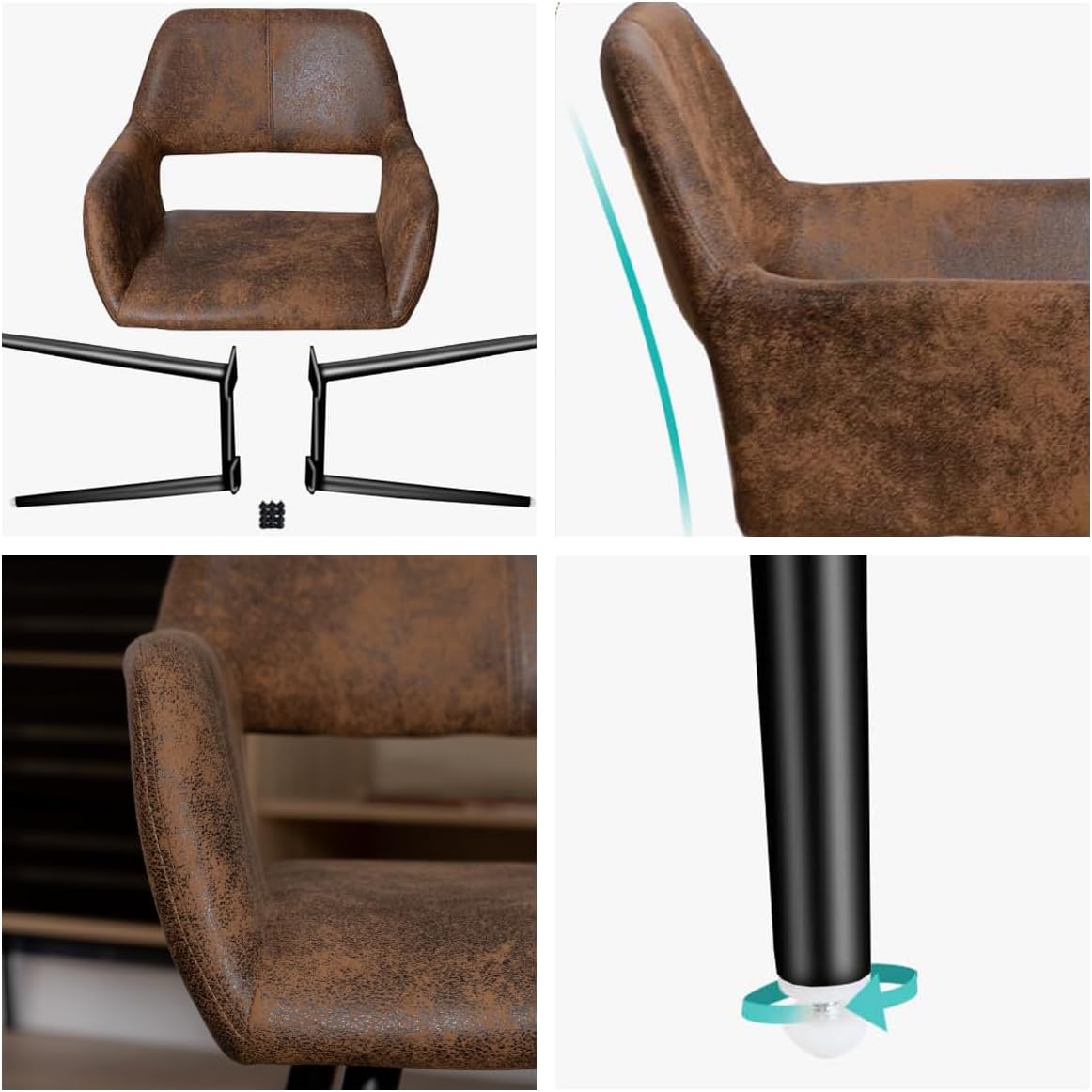Conjunto de 4 sillones de comedor industriales con reposabrazos de ante - CROMWELL