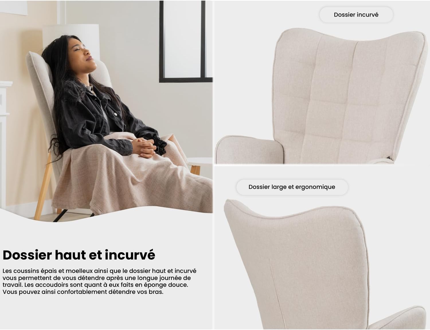Fauteuil à bascule allaitement scandinave avec accoudoirs en tissu beige à surpiqûres - FUNKEL
