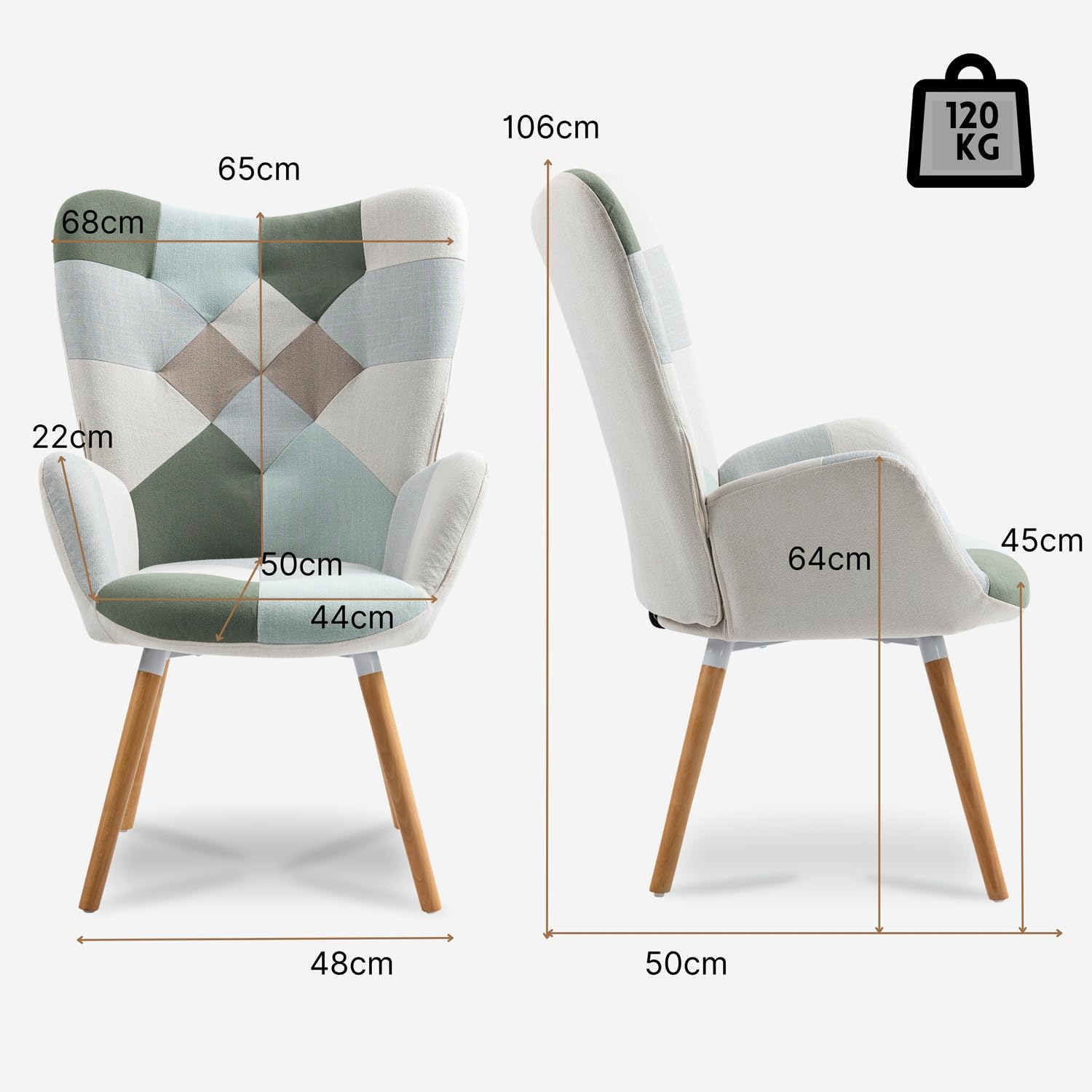 Sillón escandinavo con reposabrazos en tela de mosaico Aqua con costuras - Funkel
