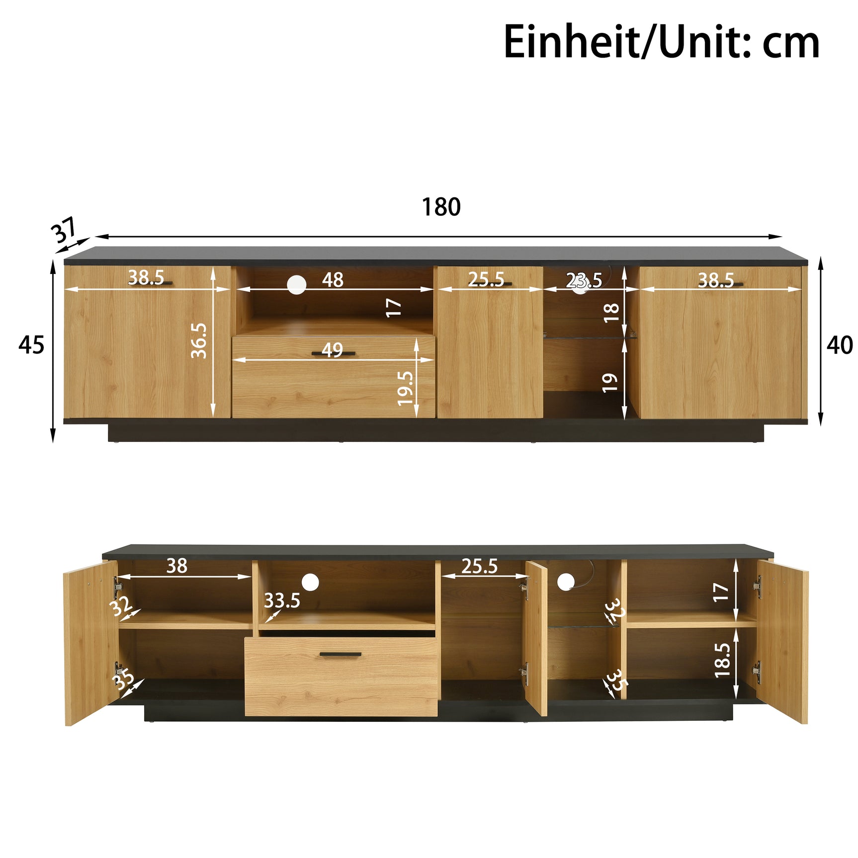 Meuble TV avec tiroir, 3 portes, 2 niches en verre et éclairage LED, noir et bois naturel