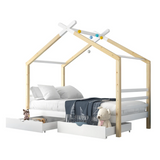 Kinderkabine 90x200 cm weißes und massives Holzholz mit geschmierigen Basis und 2 Lagerschubladen (ohne Matratzen)
