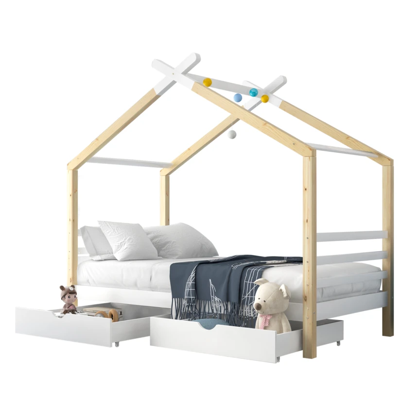 Kinderkabine 90x200 cm weißes und massives Holzholz mit geschmierigen Basis und 2 Lagerschubladen (ohne Matratzen)