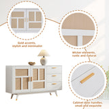 Buffet de ratán blanco decorativo con 2 puertas de ratán y 3 cajones, elegante unidad de almacenamiento multifunción con detalles dorados, 160x40x87 cm