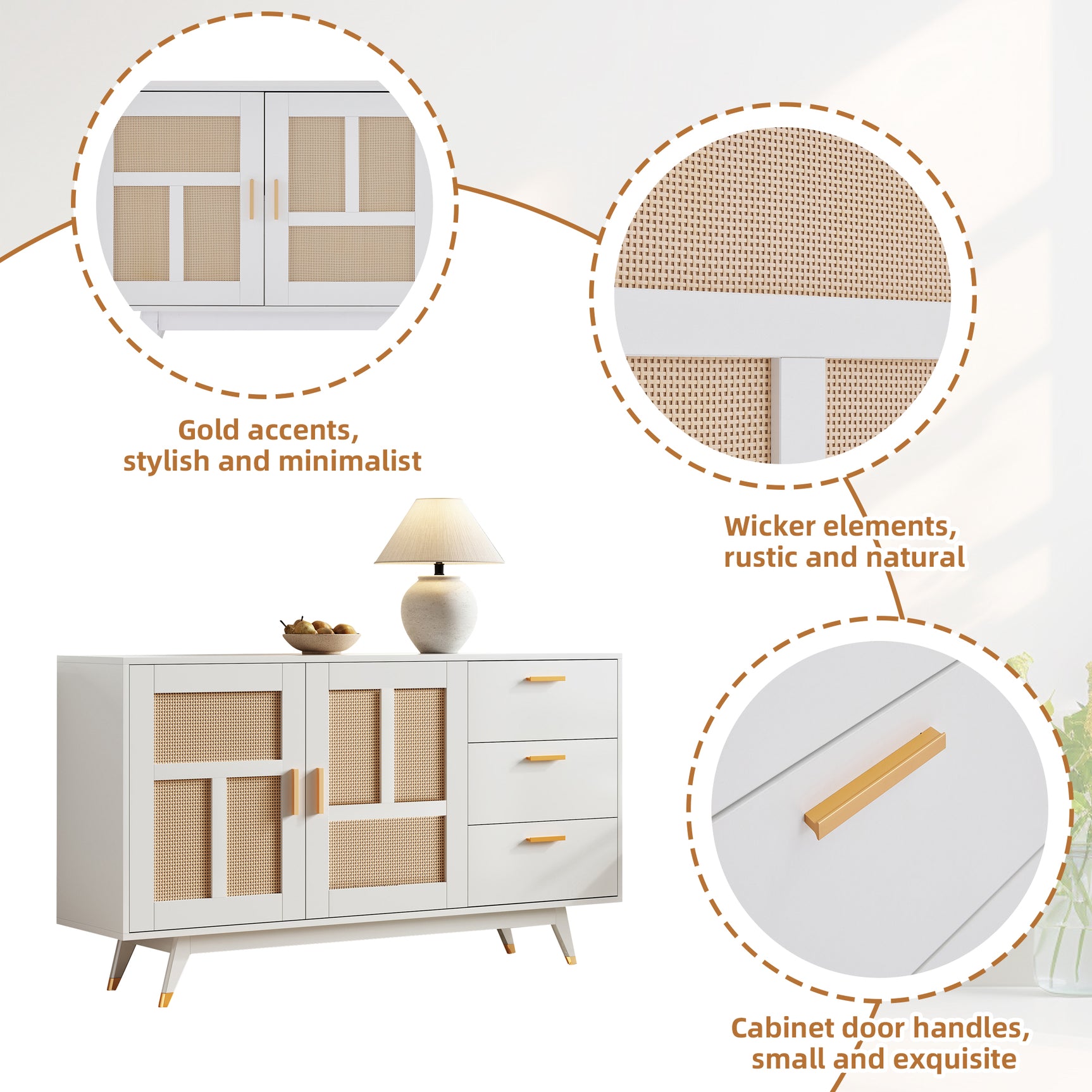 Buffet de ratán blanco decorativo con 2 puertas de ratán y 3 cajones, elegante unidad de almacenamiento multifunción con detalles dorados, 160x40x87 cm