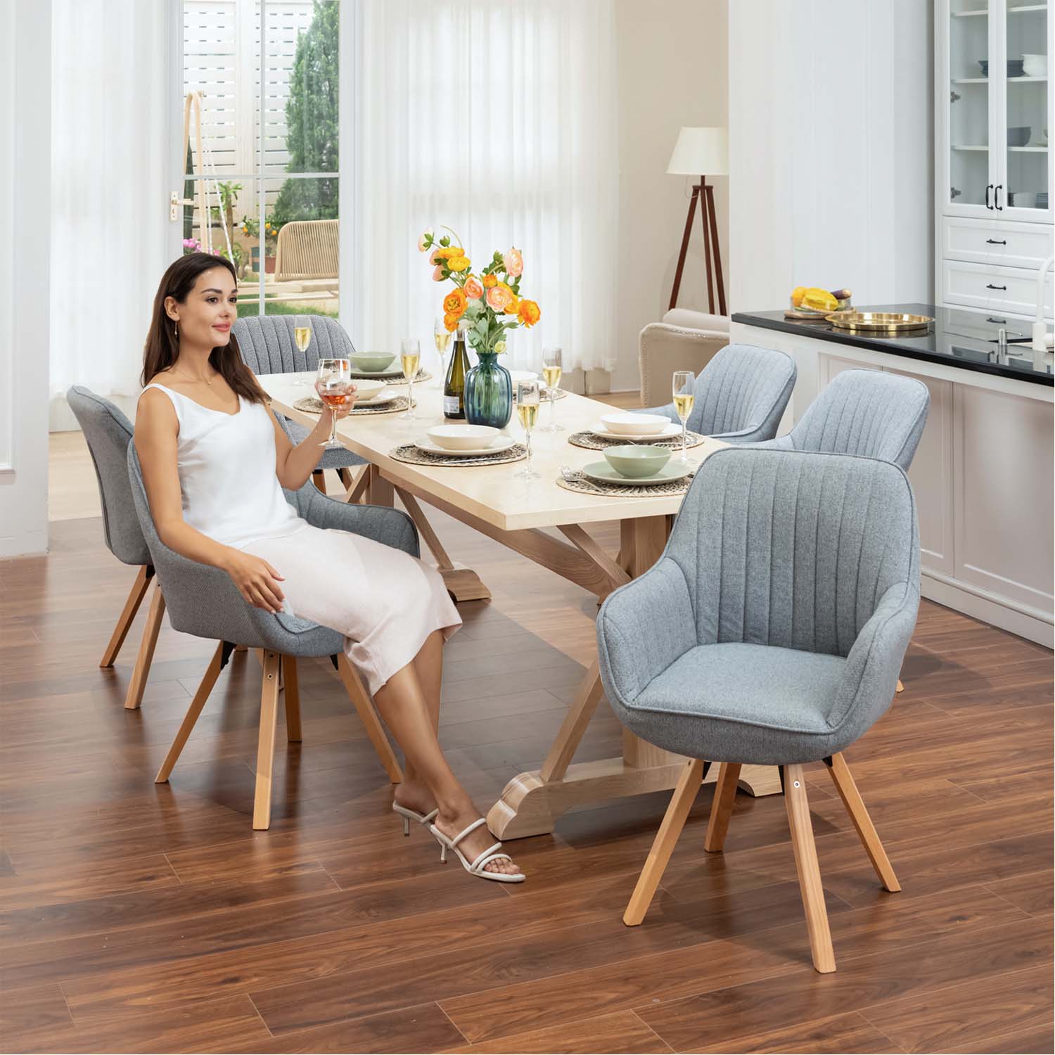 Set von 6 bequemen Esstühle in 360 ° drehbarem Stoff - Carson Stoff grau 6pcs