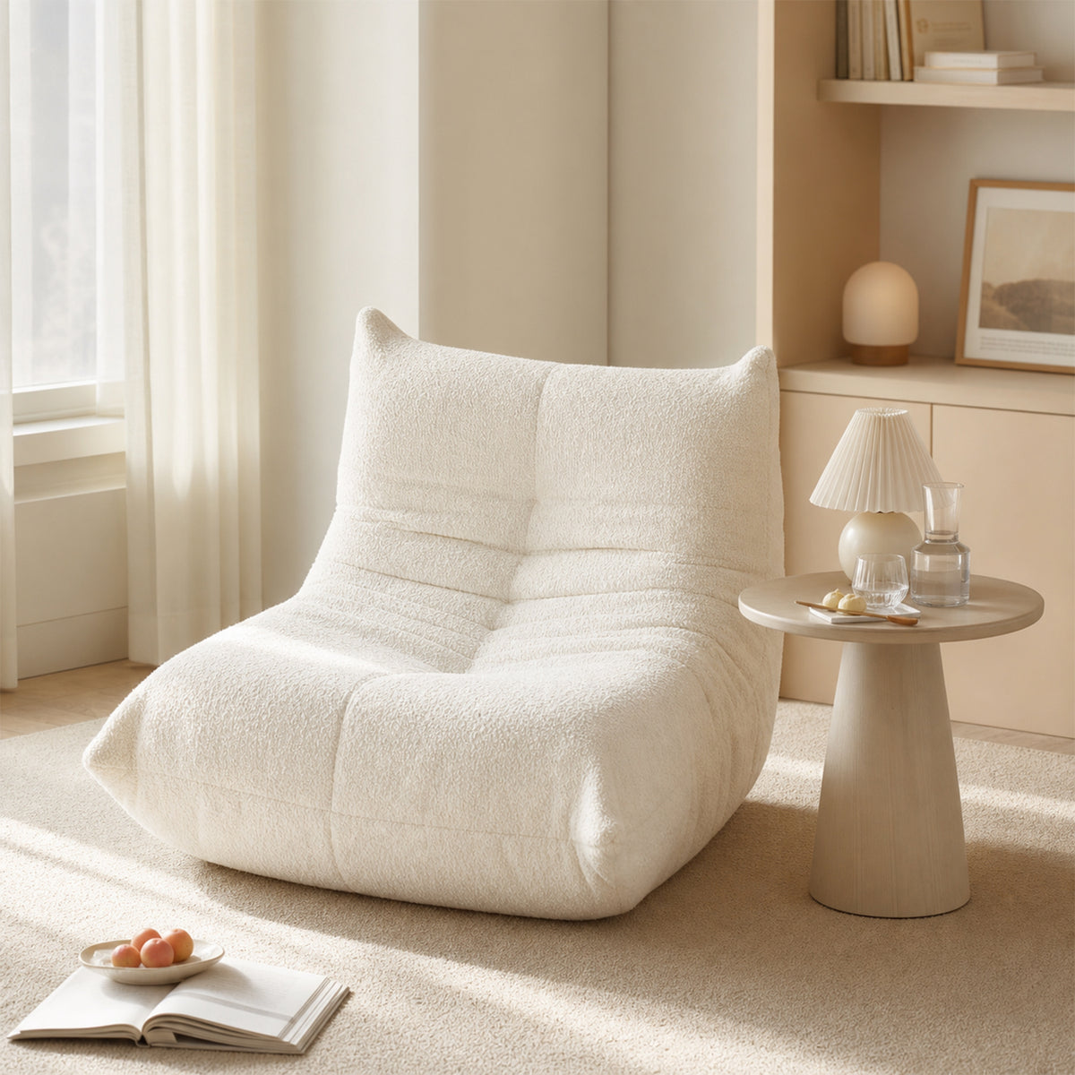 Fauteuil style Togo beige chenille, fauteuil de sol sans cadre ergonomique