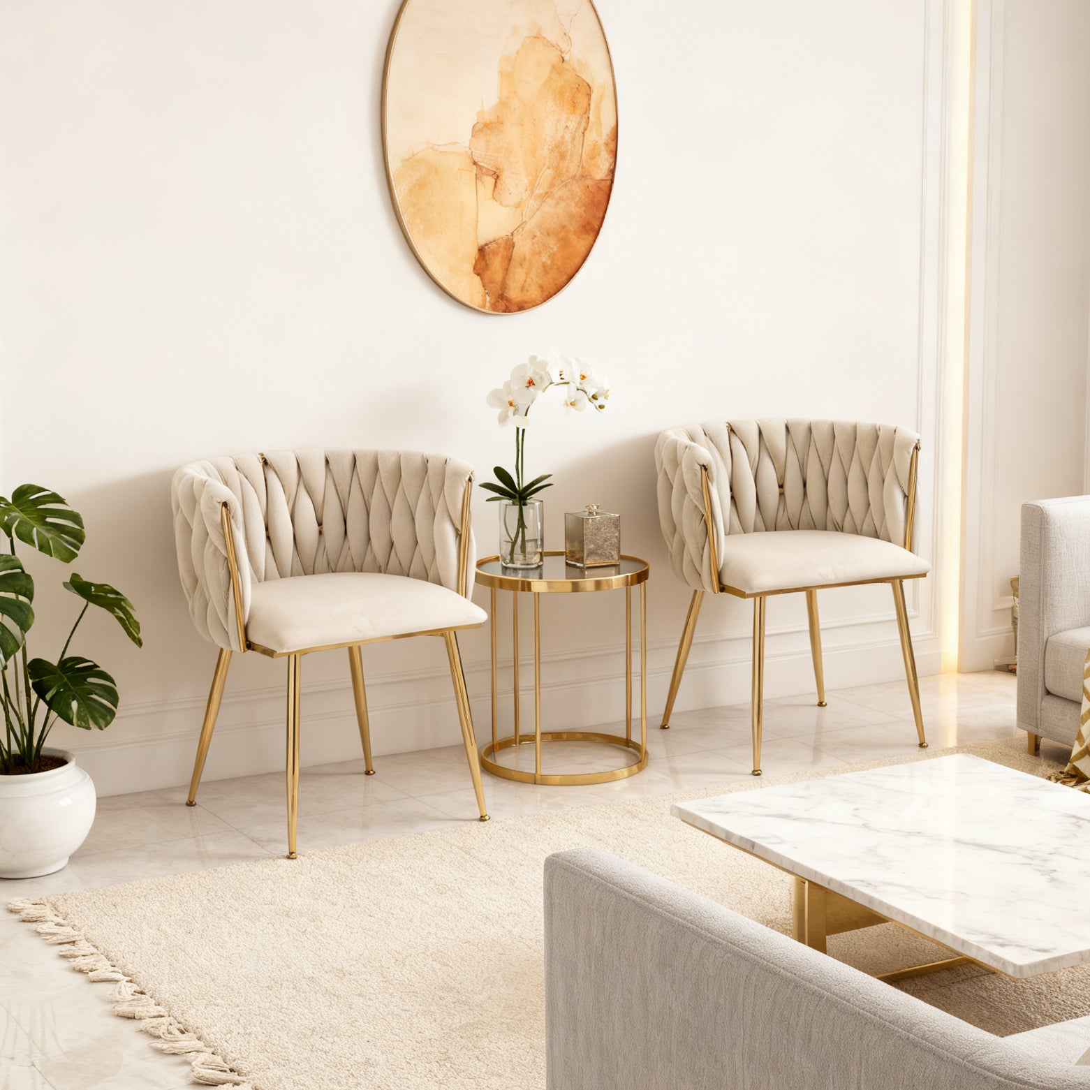 Set aus 4 Esszimmerstühlen im Industriestil mit geflochtener Rückenlehne aus beigem Stoff – MILIANA