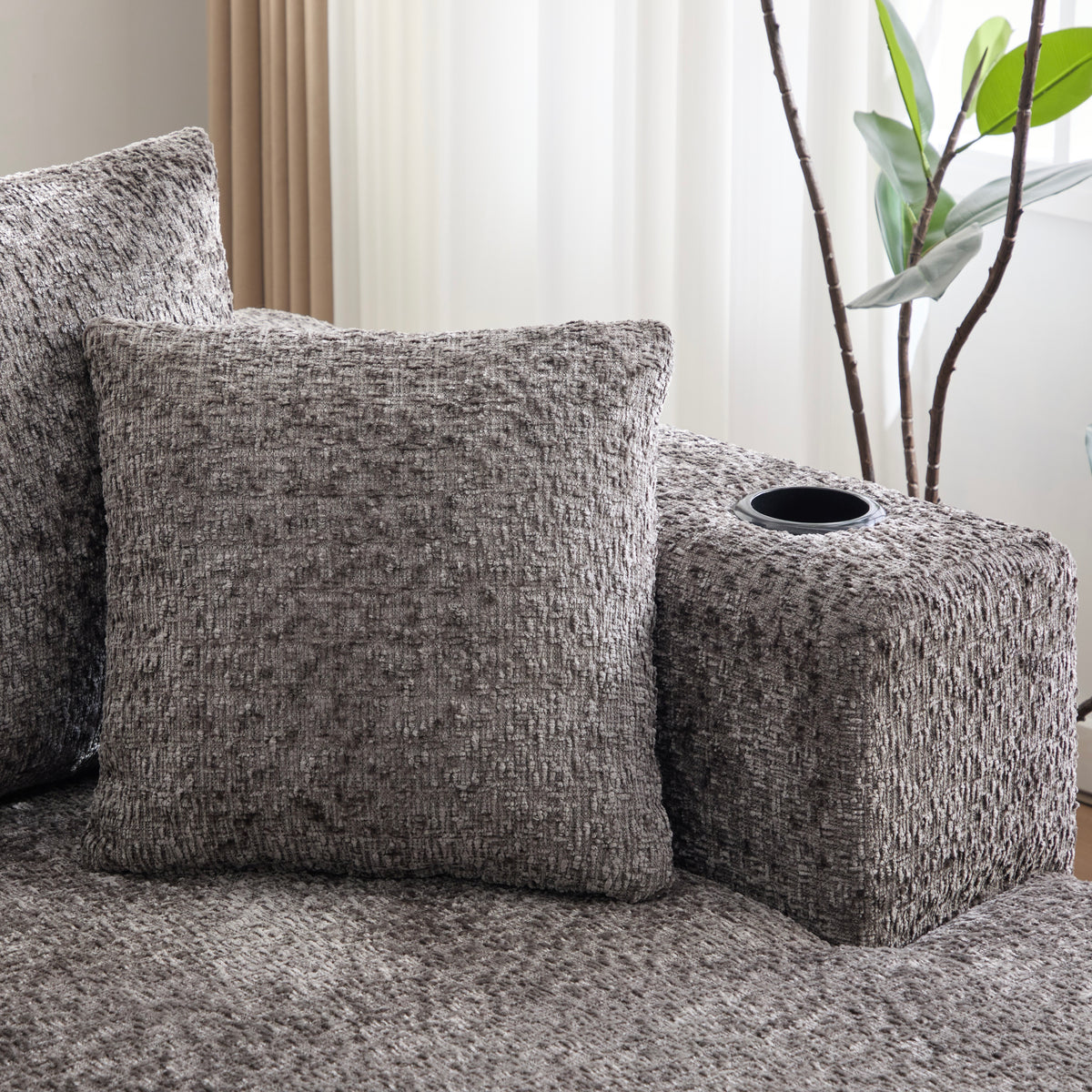 2-Sitzer-Schlafsofa aus dunkelgrauem Stoff mit Seitentaschen, modernes Schlafsofa