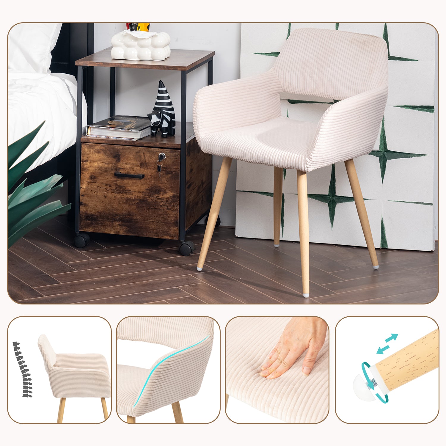 Set von 4 skandinavischen Esszimmer Sesseln mit beige Samtarmlehnen - Cromwell Cord