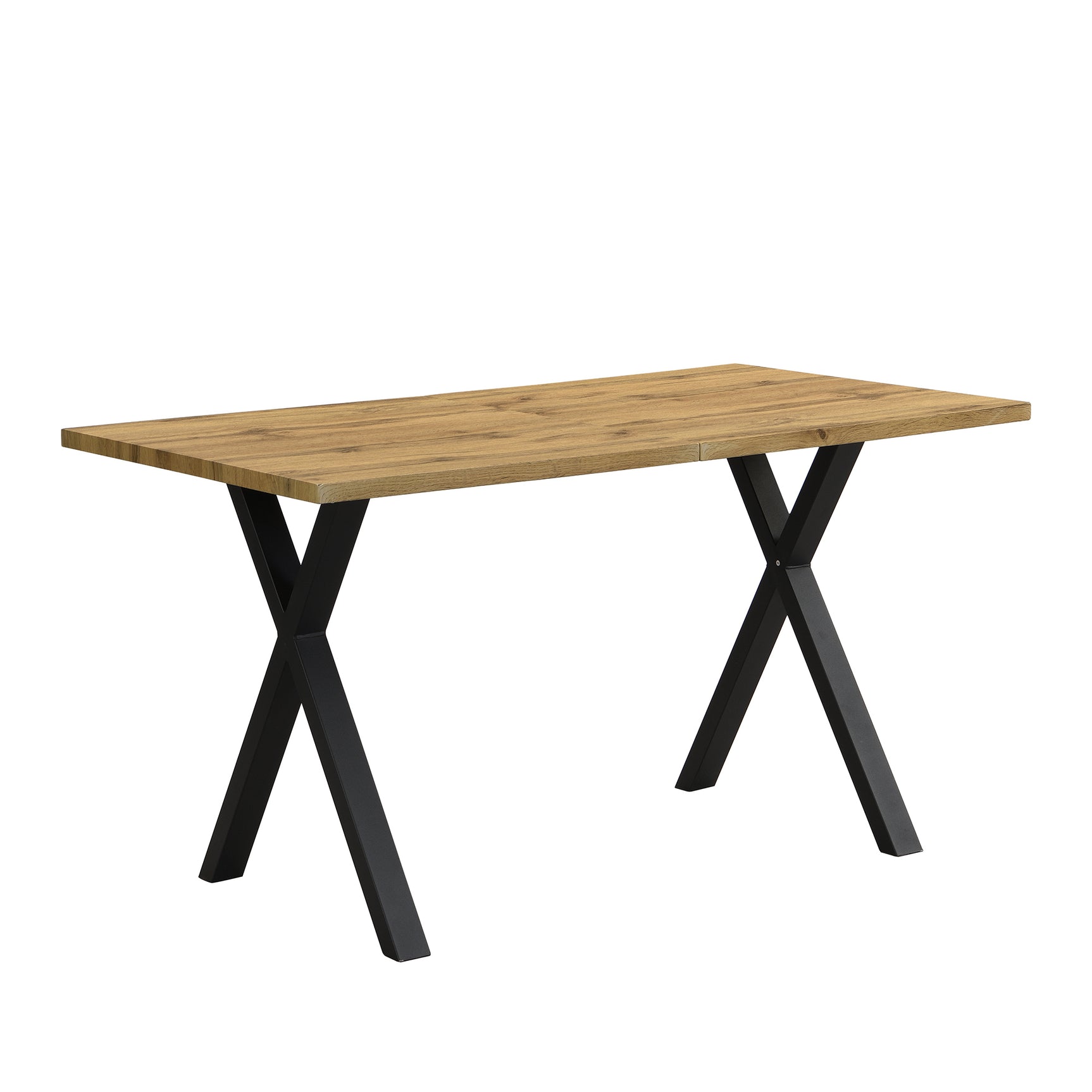 Modern industrial dining table 140x80 cm in oak effect with crossed feet in black metal