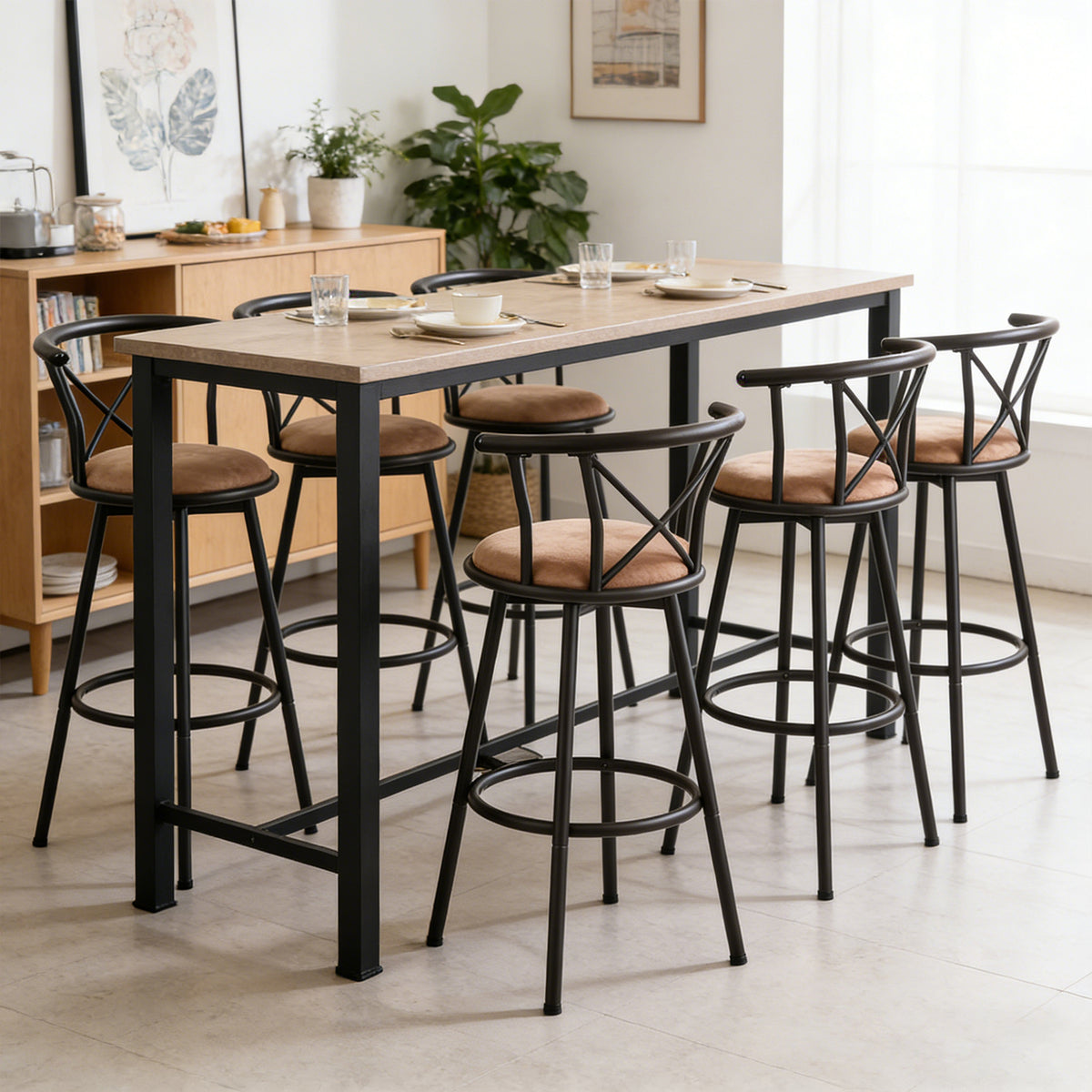 Set von 6 schwenkbaren Industriestangenhockern mit brauner Stoffrückländer - Hailey 29