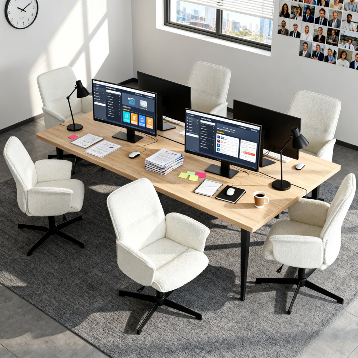 Fauteuil de bureau ergonomique réglable pivotant avec accoudoirs en tissu bouclette blanc - THOMASINA