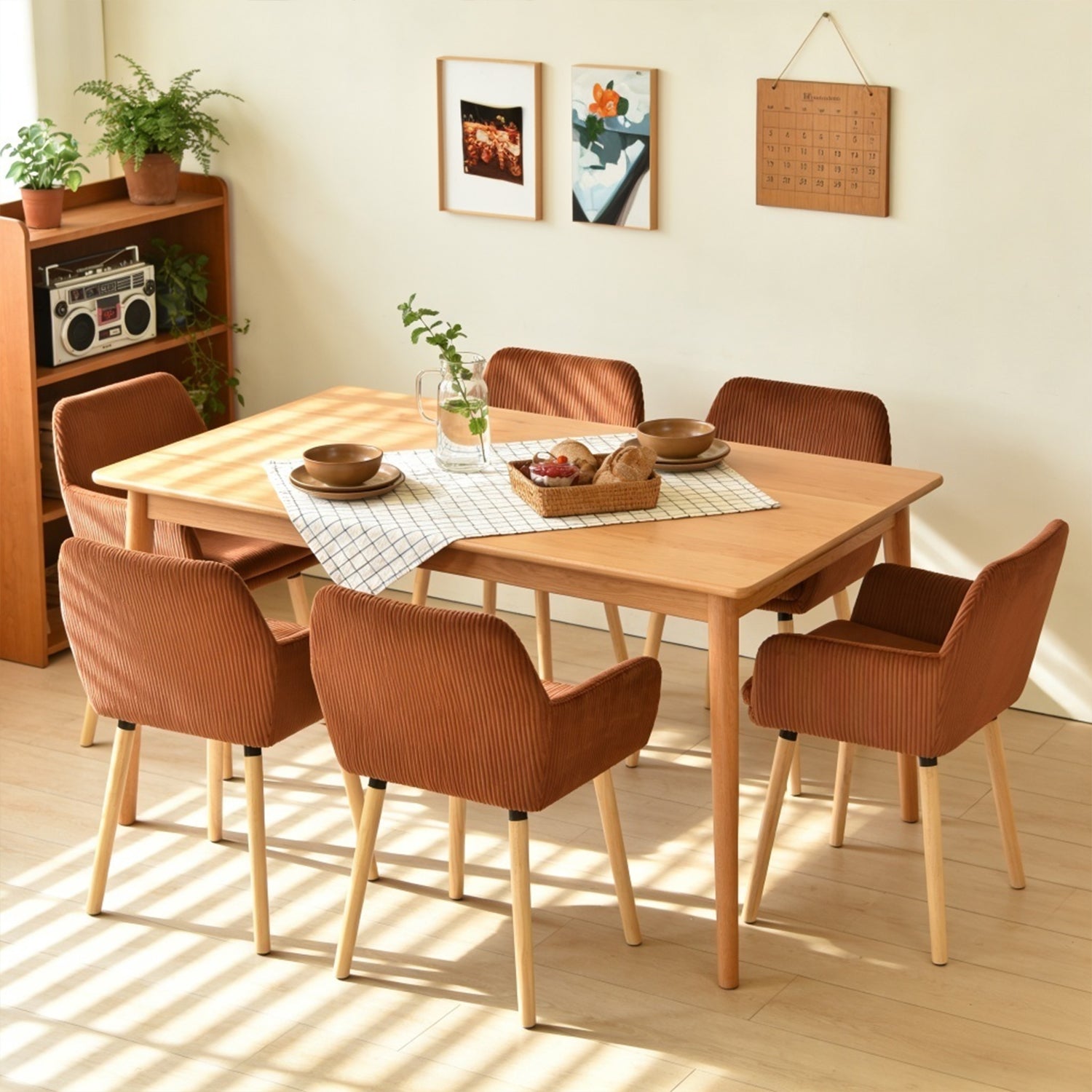 Lot de 6 chaises de salle à manger de style scandinave avec pieds en bois et accoudoirs en velours côtelé rouge - ELIA