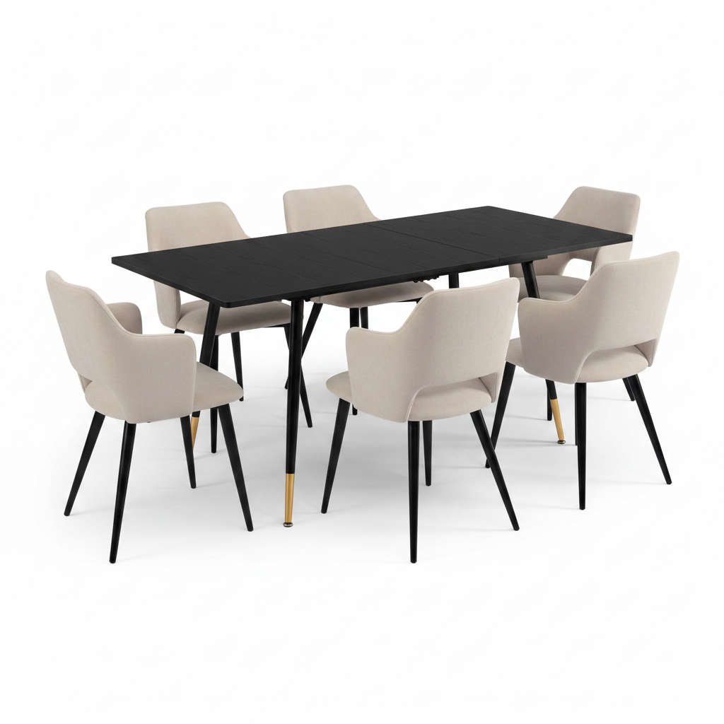 Ensemble de salle à manger comprenant une table extensible et 6 fauteuils avec accoudoirs en tissu beige