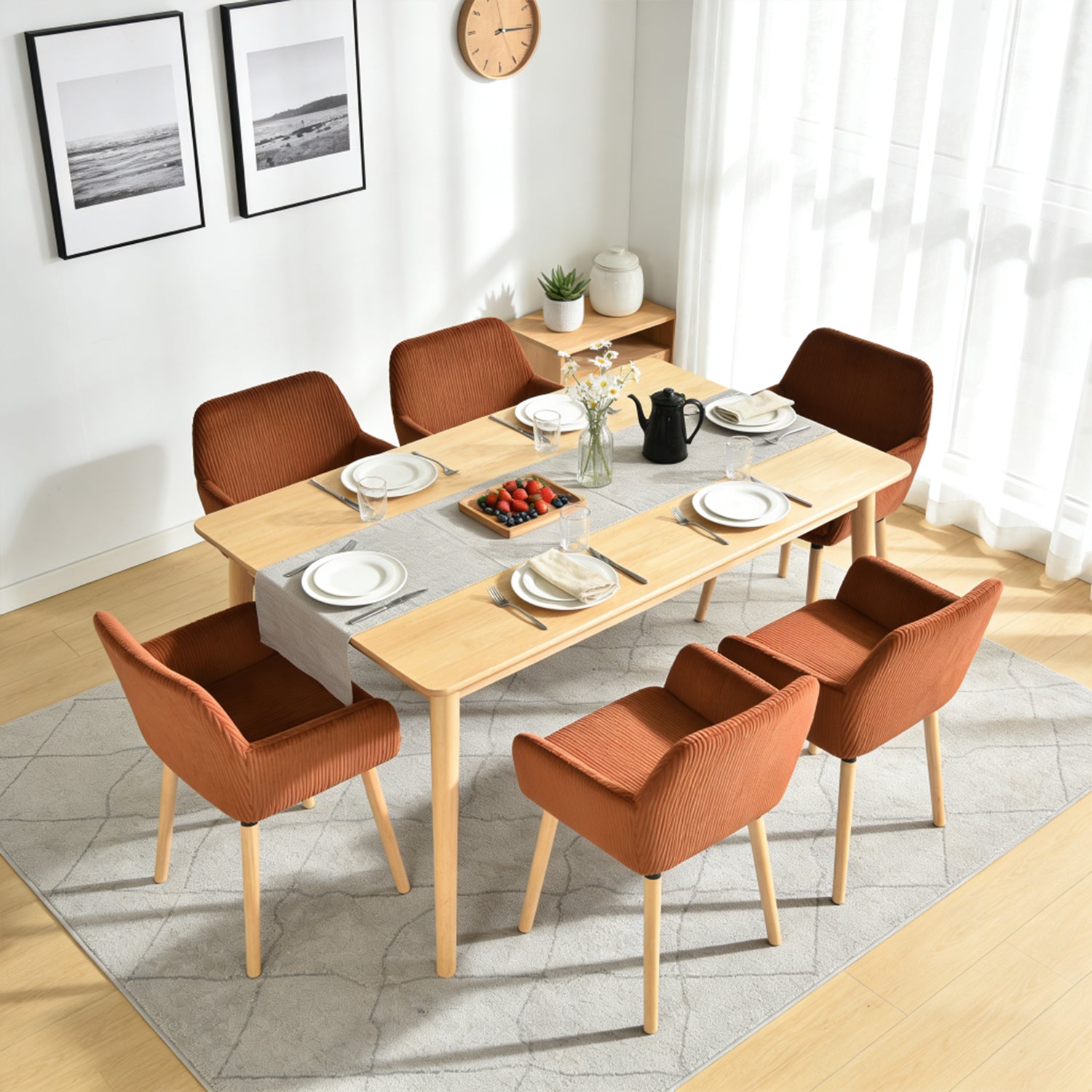 Lot de 6 chaises de salle à manger de style scandinave avec pieds en bois et accoudoirs en velours côtelé rouge - ELIA