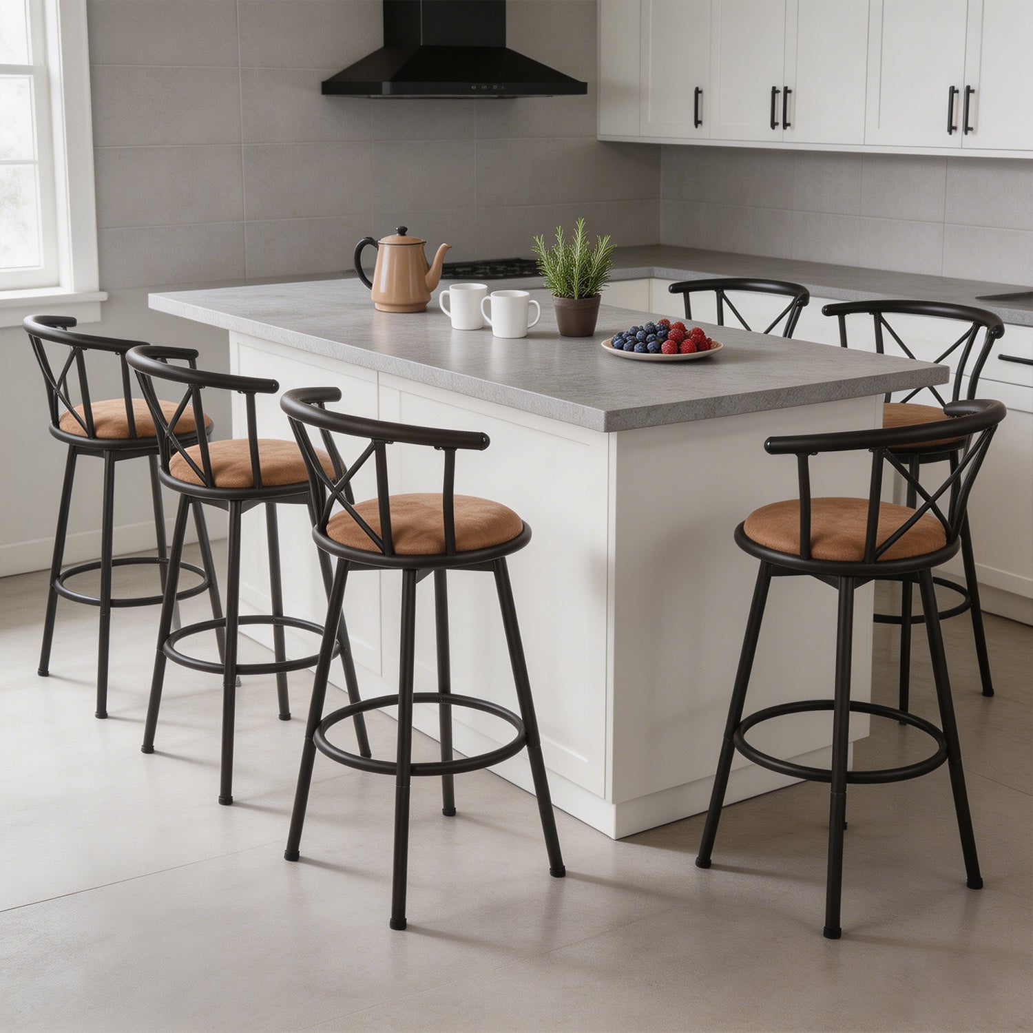 Set von 6 schwenkbaren Industriestangenhockern mit brauner Stoffrückländer - Hailey 29