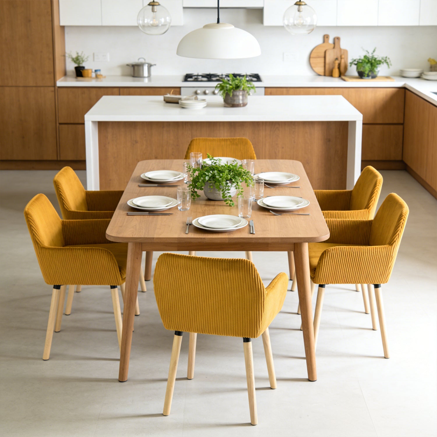 Lot de 6 chaises de salle à manger de style scandinave avec pieds en bois et accoudoirs en velours côtelé jaune - ELIA