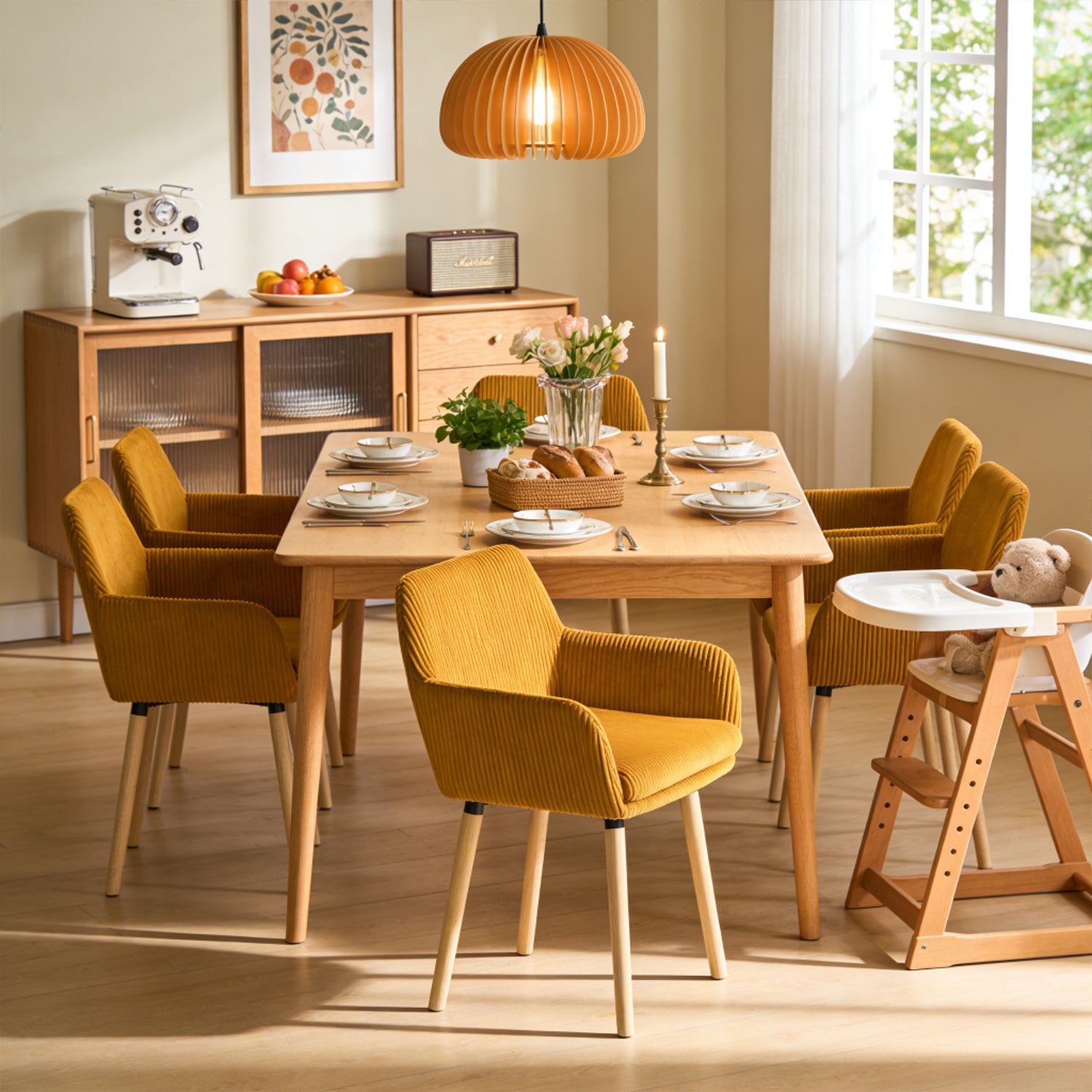 Lot de 6 chaises de salle à manger de style scandinave avec pieds en bois et accoudoirs en velours côtelé jaune - ELIA